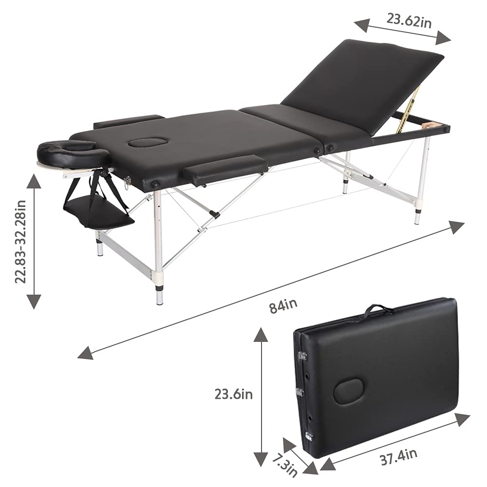 Portable Massage Table - 3-Folding Lightweight Aluminum Frame Massage Bed with 84