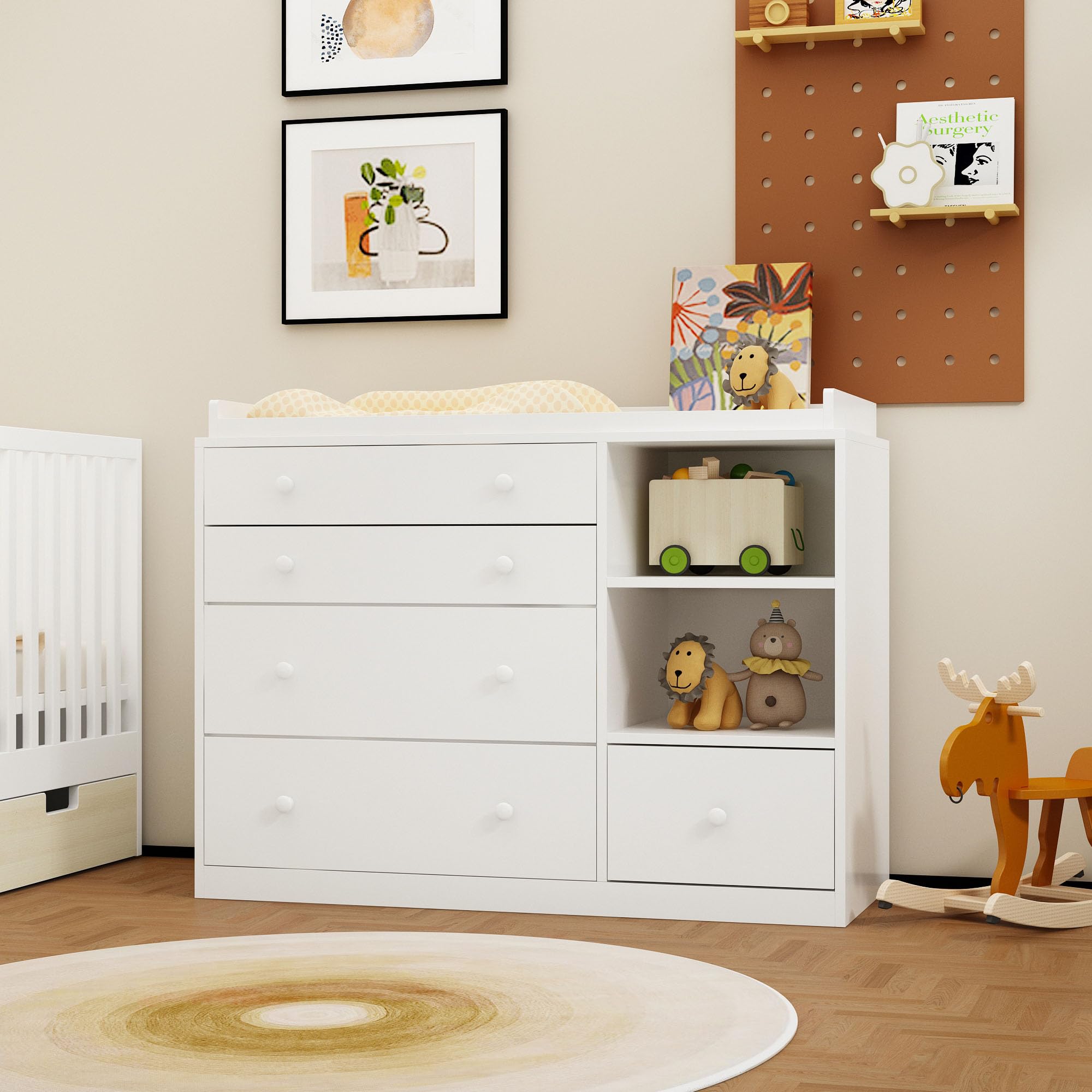 White 5-Drawer Baby Changing Table Dresser with 2 Shelves - Multi-Functional Nursery Dresser & Diaper Changing Station for Kids Room | Perfect for Baby Essentials Storage & Organized Nursery Decor