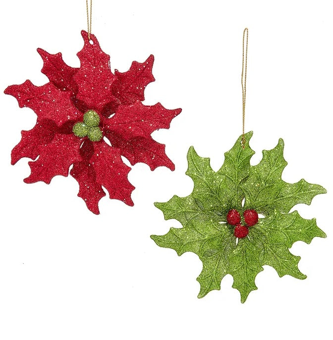 4.6 Inch Glittered Holly Leaf Christmas Ornament - Festive Holiday Decor for Tree, Wreath, and Home Decorations