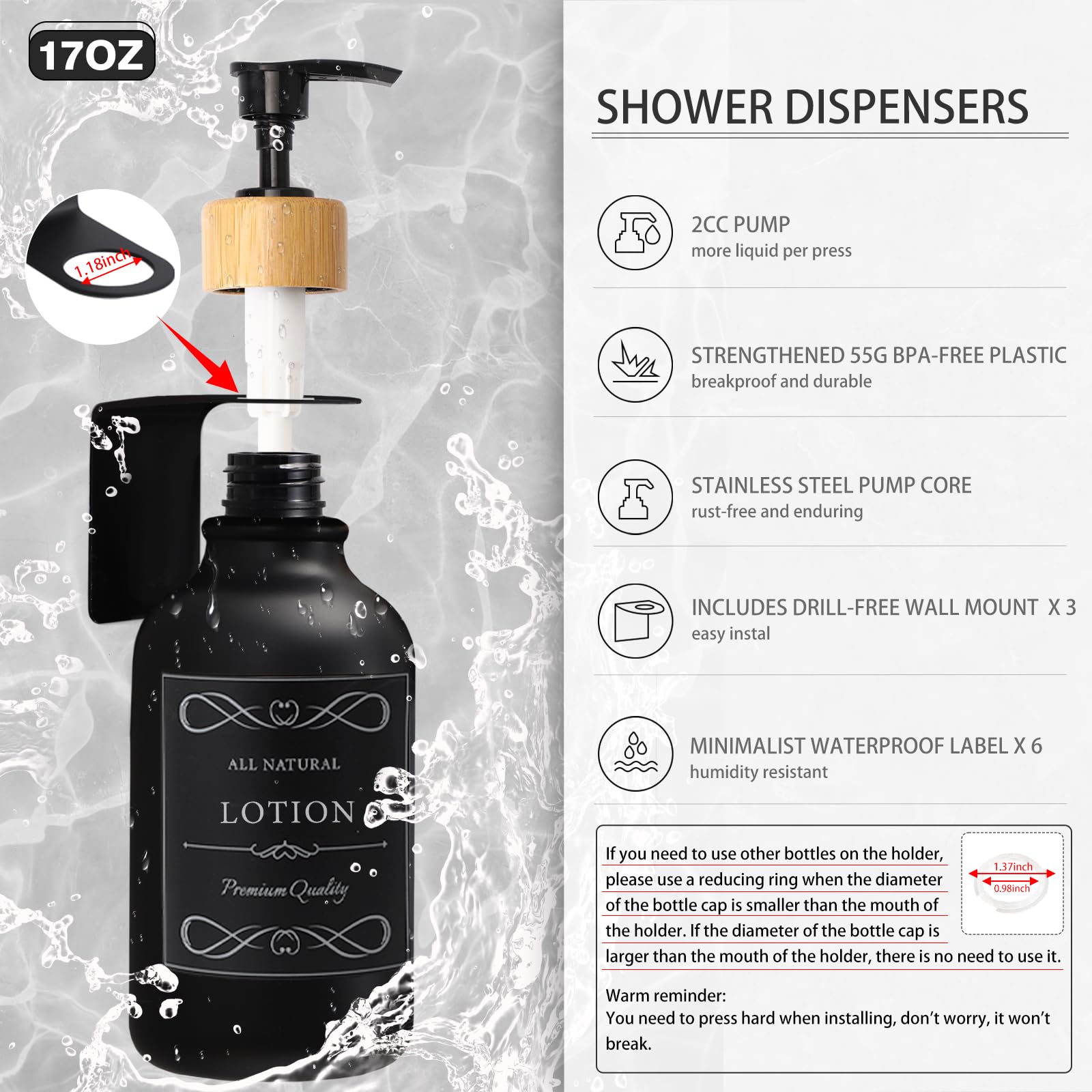 19-Piece Black and Wood Bathroom Accessories Set - Includes Trash Can, Toilet Brush, 3 Wall-Mounted 17oz Soap Dispensers (No Drill Needed), Toothbrush Holder, Cup, Soap Dish & Q-Tip Holder - Perfect for Modern Bathrooms, Guest Baths and Apartment Upgrades