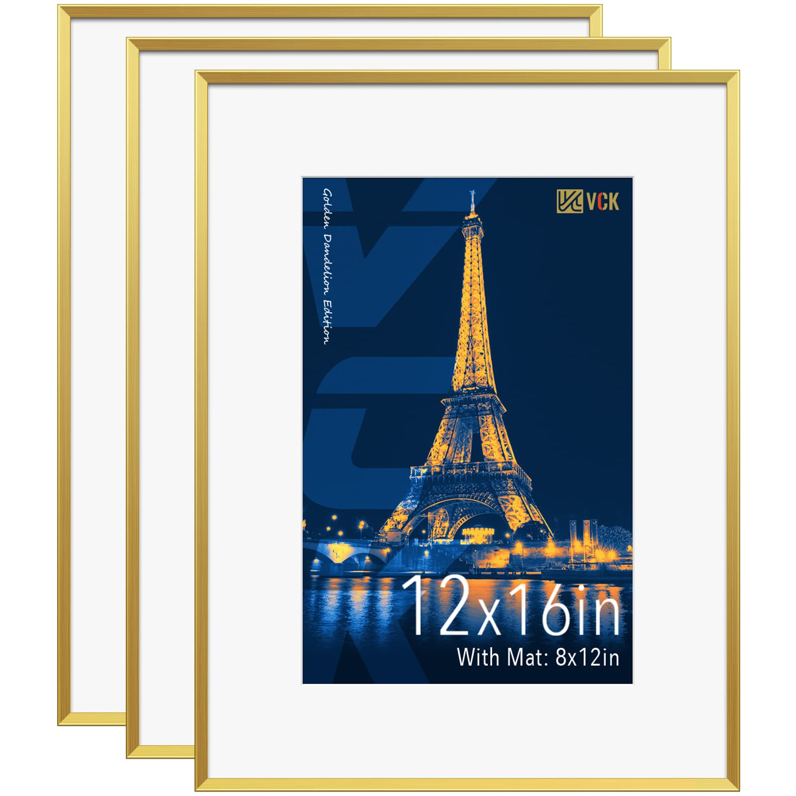 VCK 12x16 Aluminum Picture Frames Set of 3 - Gold Metal Poster Frames with Tempered Glass & Mat (Fits 8x12 or 12x16 Photos) - Elegant Wall Decor for Living Room, Bedroom & Office