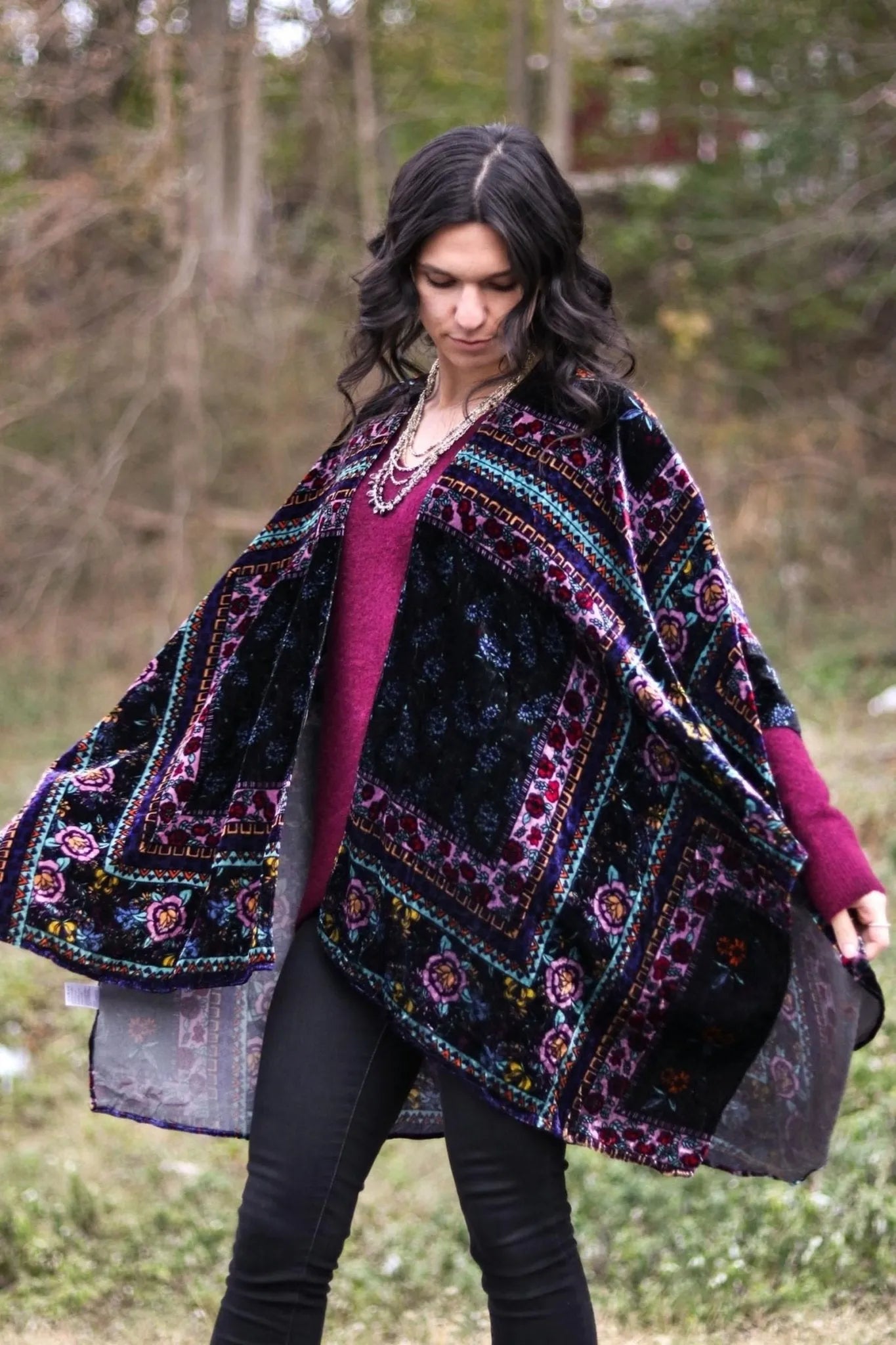 Black Velvet Floral Kimono Robe - Elegant Lace Trimmed Women's Kimono for Lounge, Bridal Party & Special Occasions