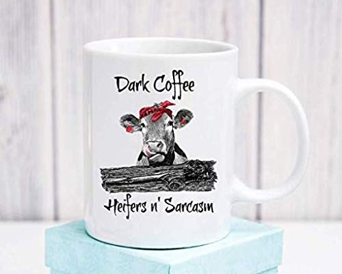 Dark Coffee Heifers N’ Sarcasm 11OZ Coffee Mug - Funny Cow Themed Ceramic Cup for Coffee, Tea & Hot Drinks - Perfect for Office, Home & Gifts