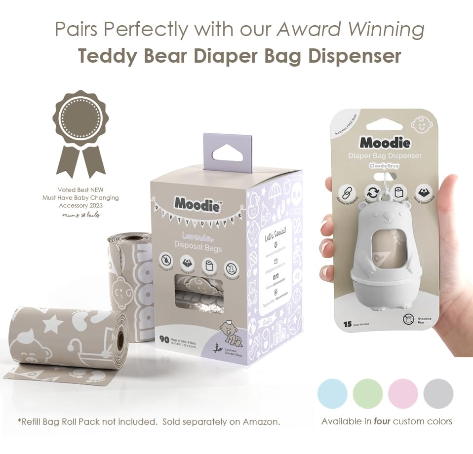 Lavender Scented Disposable Diaper Bags - 90 Count (6 Refill Rolls, 9x13 Inches) | Leak Proof & Odor Control for Baby Diaper Waste | Perfect for Travel, Daycare & On-the-Go Diaper Changes | Eco-Friendly Baby Poop Bags