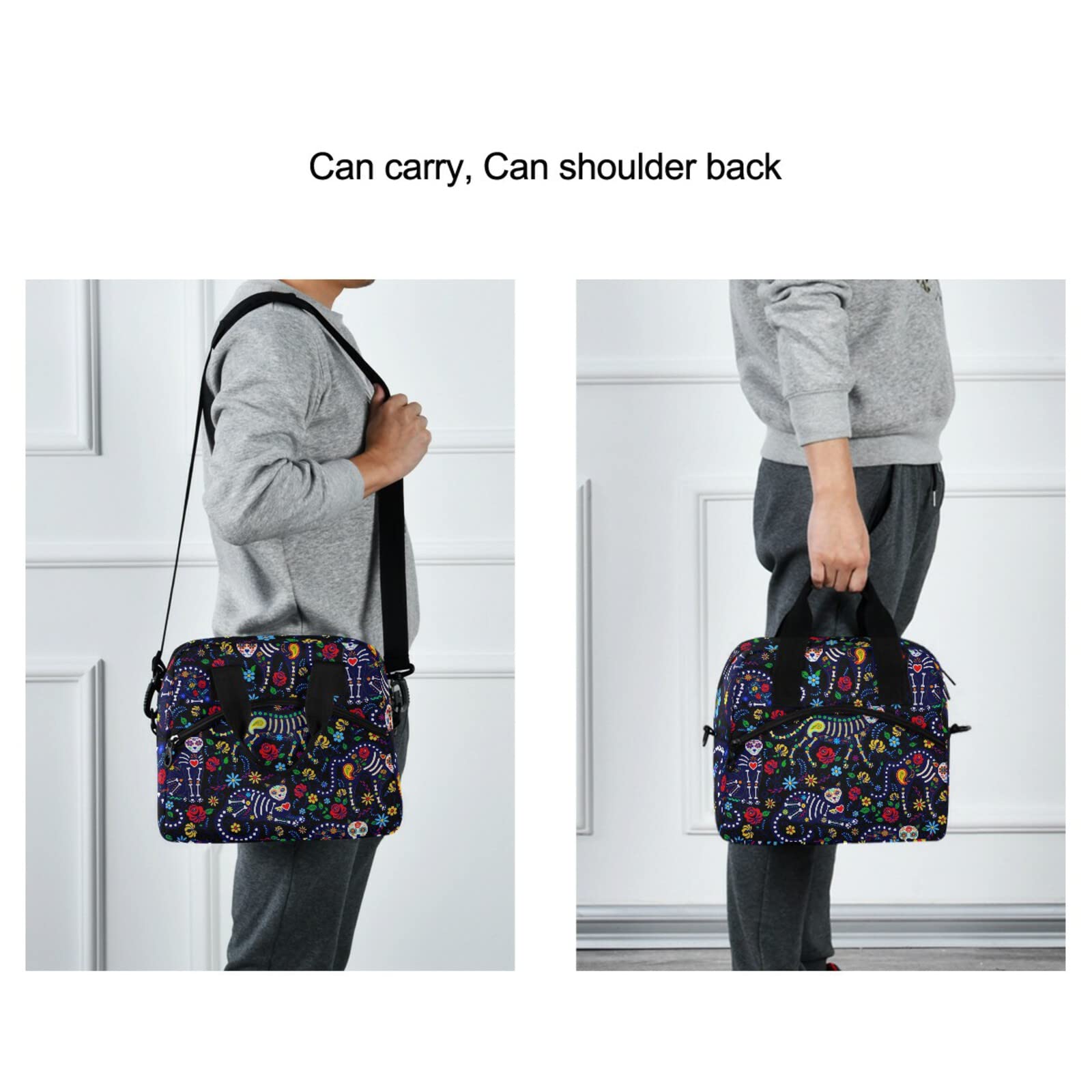 **Insulated Reusable Lunch Bag with Adjustable Shoulder Strap - Leakproof Cooler Tote for Work, School, Picnic & Camping - Cats & Sugar Skull Design for Men & Women**    *(Perfect for Office Meals, Outdoor Adventures, and Daily Commute - Keep Food Fresh & Stylish!)*