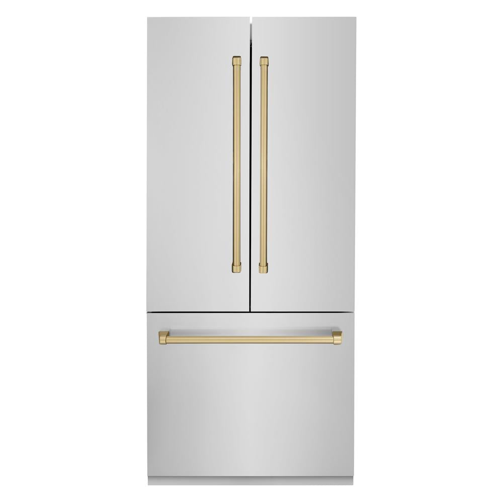 ZLINE Autograph Edition 36 Inch French Door Built-In Refrigerator with Bottom Freezer - 19.6 cu.ft Capacity, Stainless Steel with Champagne Bronze Accents, Water Dispenser & Ice Maker - Perfect for Modern Kitchens & Open-Concept Homes (Model RBIVZ 304 36 CB)