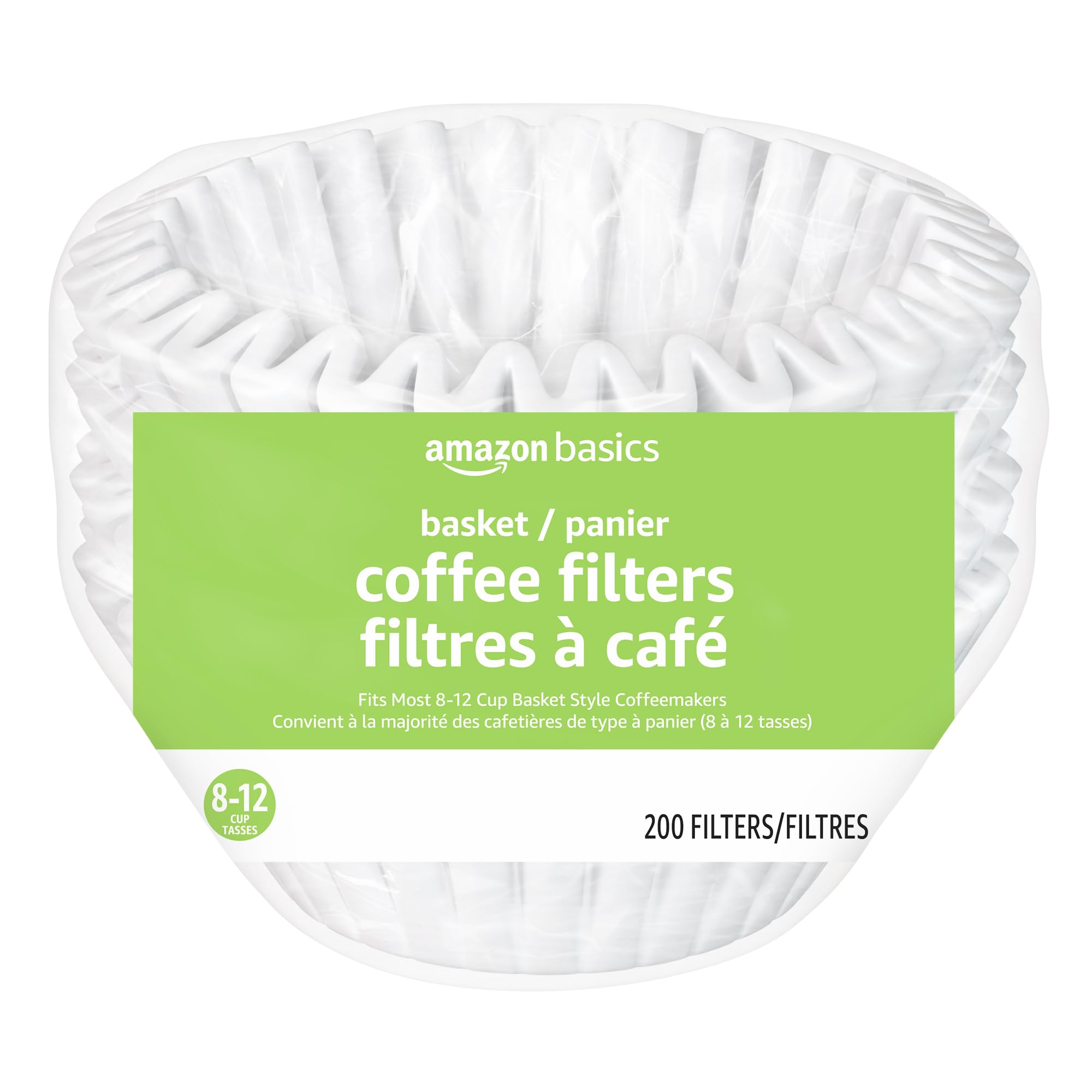 Amazon Basics Basket Coffee Filters for 8-12 Cup Coffee Makers, White, 200 Count - Perfect for Home, Office, and Restaurants - Compatible with Most Standard Drip Coffee Machines