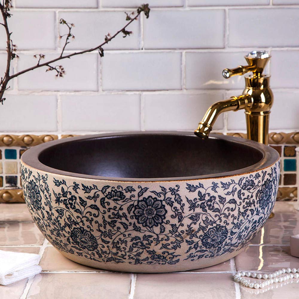 Blue and White Ceramic Countertop Basin - Modern Bathroom Sink for Vanity, Powder Room & Guest Bath | Elegant Wash Basin with Easy Installation & Durable Glaze Finish