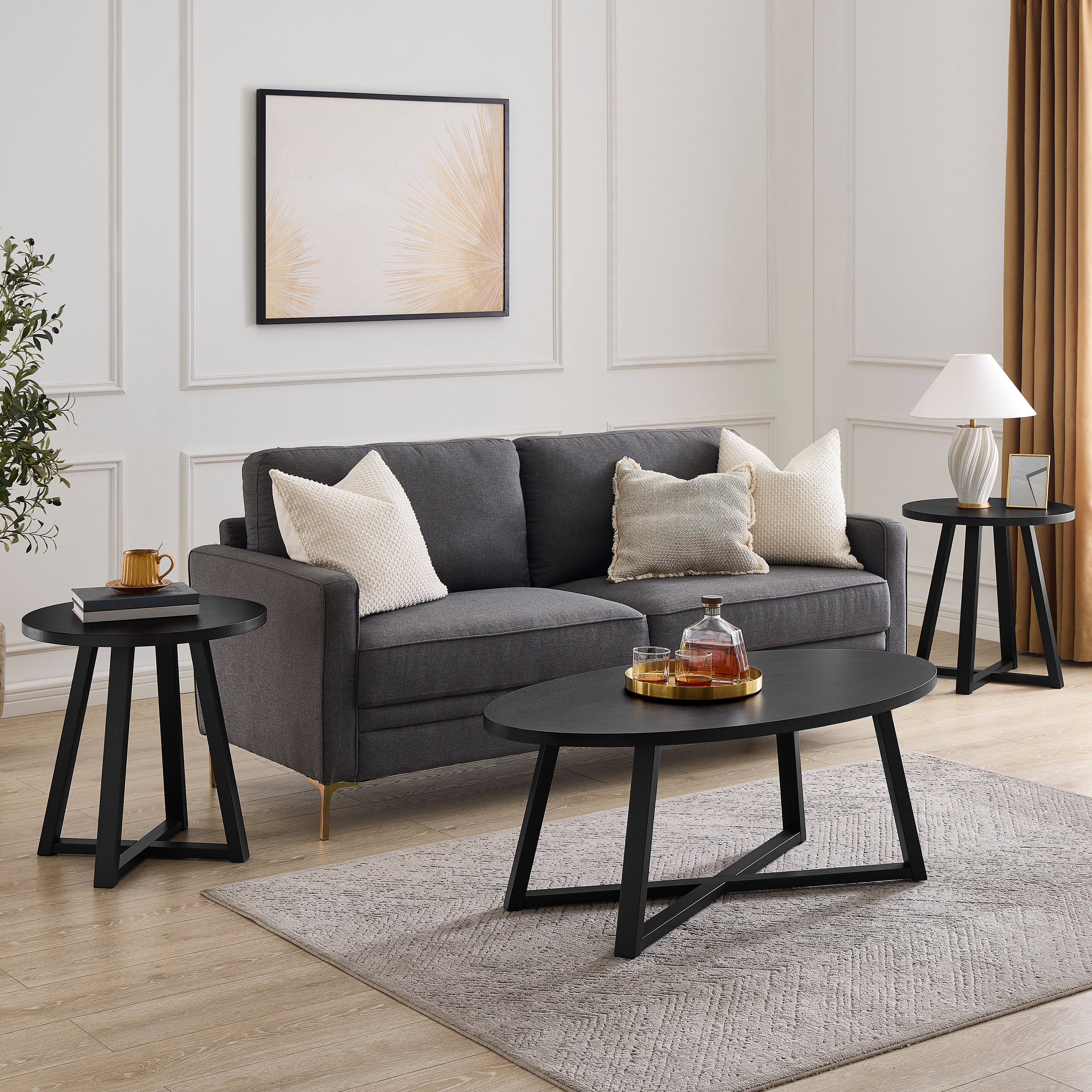 Modern Harmony 3-Piece Wooden Oval Coffee Table Set - Roundhill Furniture - Contemporary Living Room Centerpiece for Home Decor & Entertaining