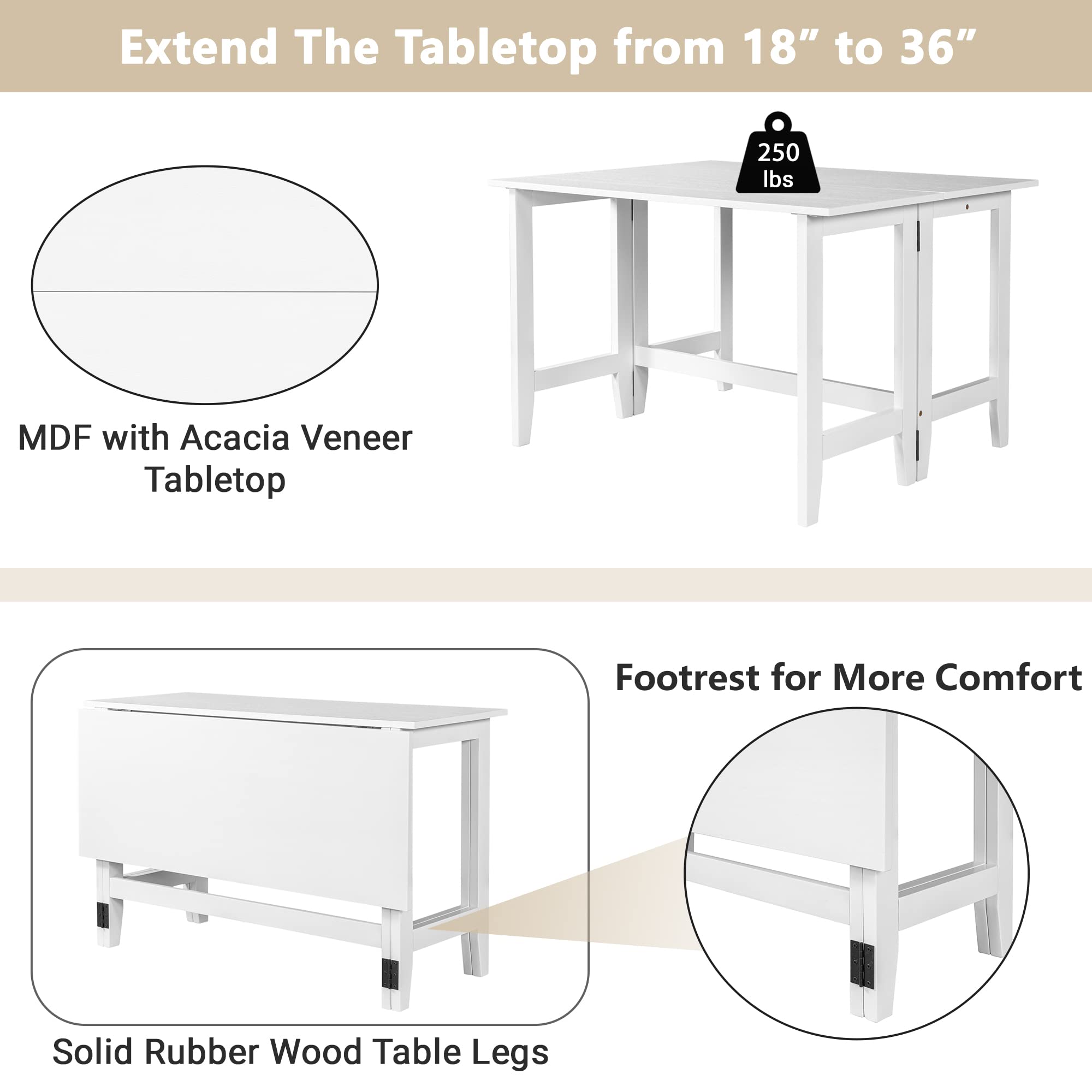 Farmhouse Drop Leaf Folding Dining Table - Solid Wood Extendable Kitchen Table for Small Spaces (18