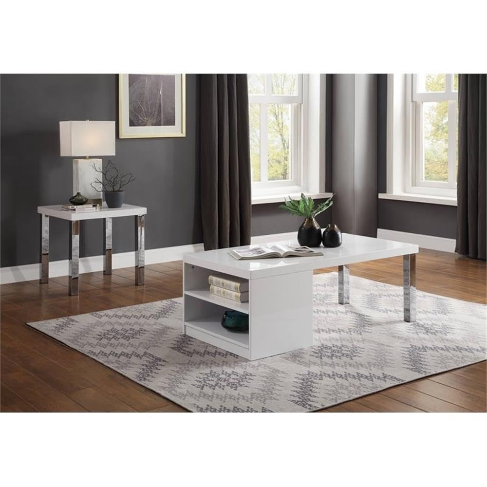 BOWERY HILL Modern White High Gloss Chrome Coffee Table - Perfect for Living Room, Lounge & Contemporary Home Decor