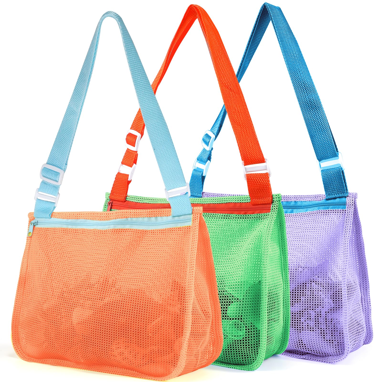 3 Pack Mesh Beach Bags for Kids - Sand Toy & Seashell Collecting Bags, Lightweight Swim Accessories for Boys & Girls (Toddler to Teen) - Perfect for Beach Trips, Pool Parties & Summer Vacations