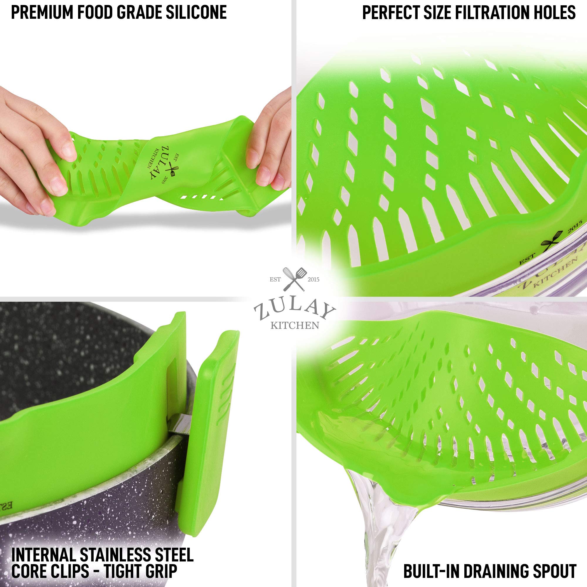 Zulay Premium Silicone Pot Strainer - Adjustable Snap-On Strainer for Cooking Pasta, Vegetables & Fruits - Heat-Resistant Food Grade Silicone Colander Fits Most Pots & Pans - Perfect for Draining, Washing Produce & Meal Prep (Green)