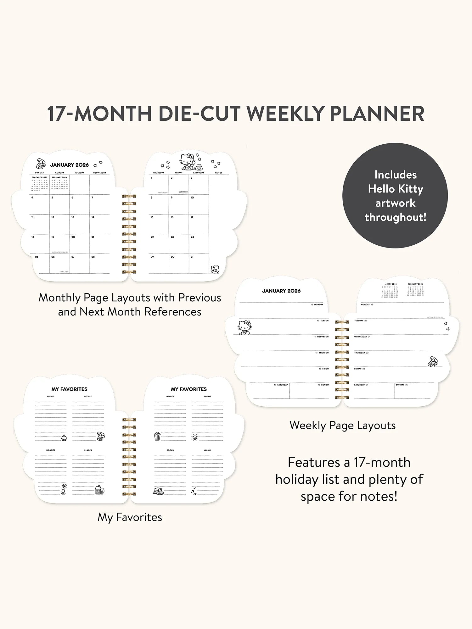 2026 Hello Kitty Playful Pink Die Cut Weekly Planner - Cute Kawaii Organizer for School, Work & Daily Planning - Perfect Gift for Students & Office Use