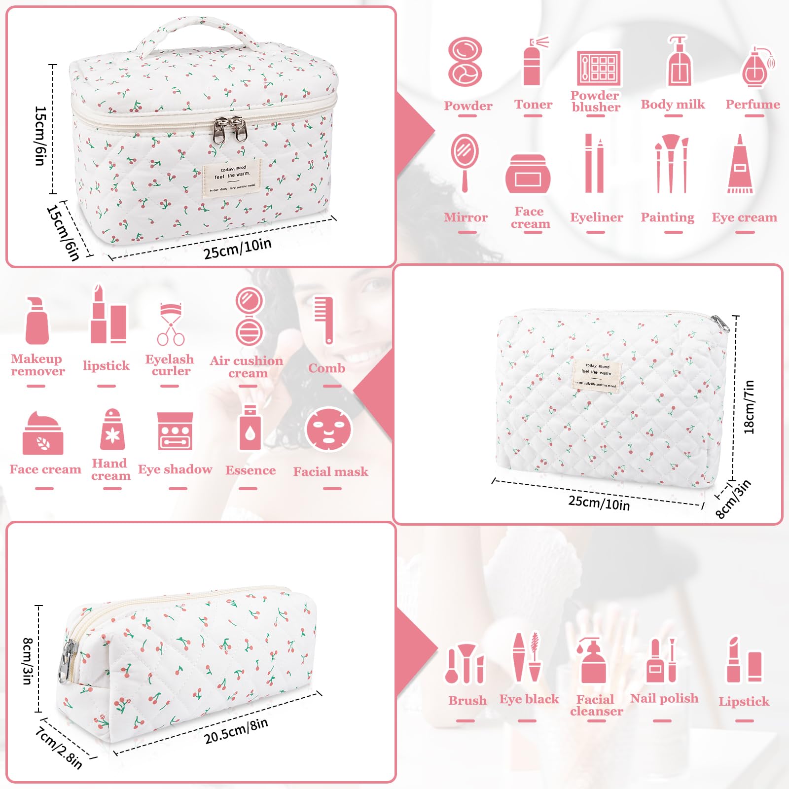 3PC Quilted Makeup Bag Set for Women - Large Floral Cosmetic Organizer, Cute Cotton Travel Toiletry Bags with Flower Design (White Cherry) | Perfect for Travel, Gym, and Daily Beauty Storage