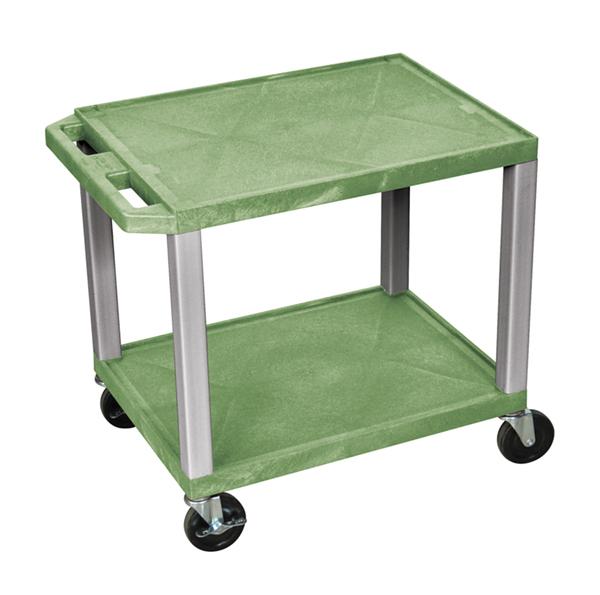 Luxor Tuffy Green 2 Shelf AV Cart with Nickel Legs & Electric Outlet - Perfect for Classrooms, Offices, and Home Entertainment Systems