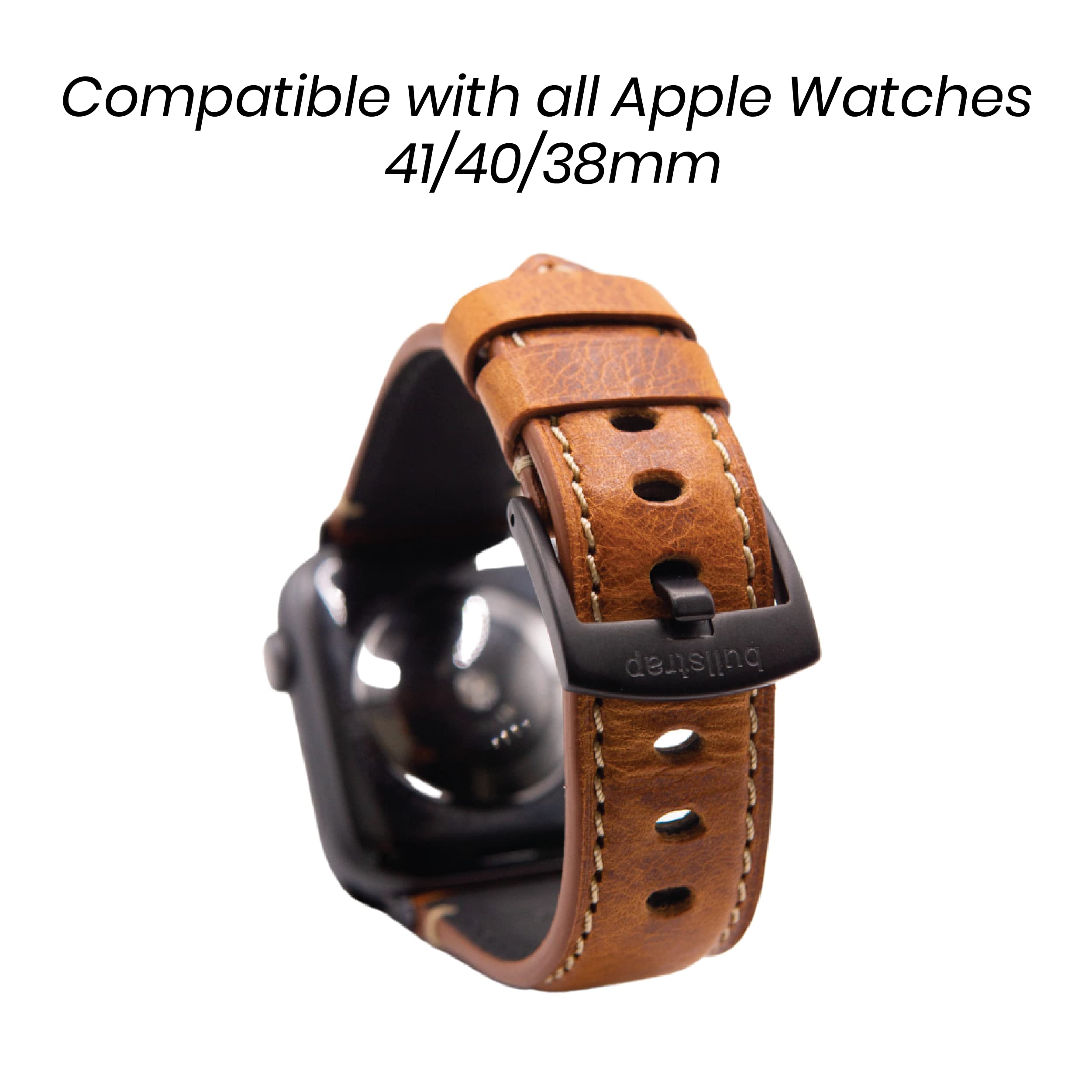 Premium Bullstrap Men's Full-Grain Italian Leather Watch Band - Compatible with Apple Watch Series 1-8 - Durable Luxury Replacement Strap for Work, Travel & Everyday Wear