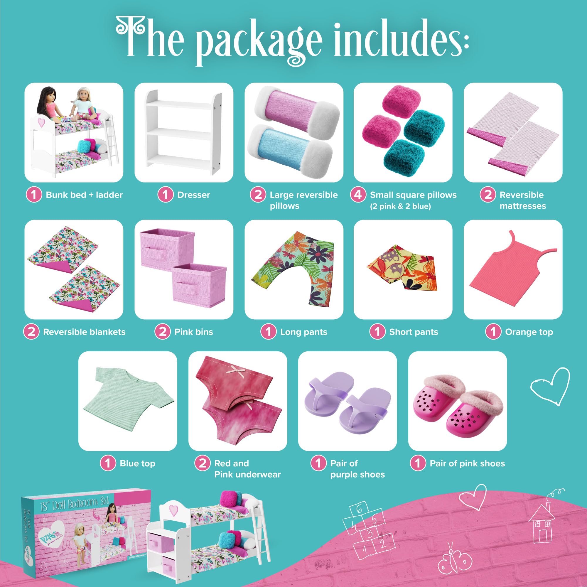 18 Inch Doll Bunk Bed Set for American Girl Dolls - 23 Piece Complete with Linens, Pajamas & Shelves | Perfect for Kids' Bedroom Decor & Imaginative Play