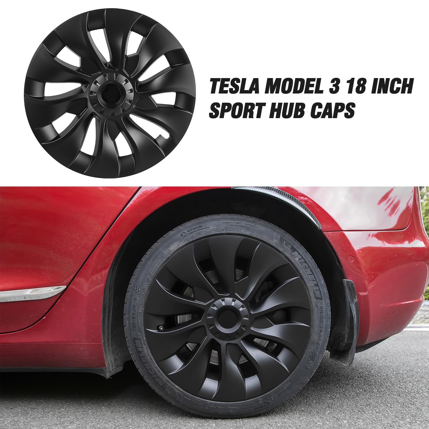 18 Inch Tesla Model 3 Wheel Covers - ABS Hub Cap Replacement Set of 4 (Matte Black) | 2018-2024 Model 3 Accessories | Perfect for Road Trips & Daily Commuting