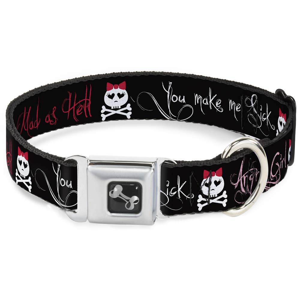 Buckle-Down Seatbelt Buckle Dog Collar - Angry Girl/Mad As Hell/You Make Me Sick Design - 1 Inch Wide Adjustable Pet Collar for Small Dogs (9-15 Inch Neck) - Durable Nylon with Metal Buckle - Perfect for Daily Walks, Training & Punk Style Pet Fashion