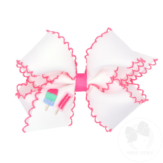 Elegant Grosgrain Hair Bow with Moonstitch Edge & Popsicle Embroidery - Perfect for Girls' Birthday Parties, School Events, and Photo Shoots