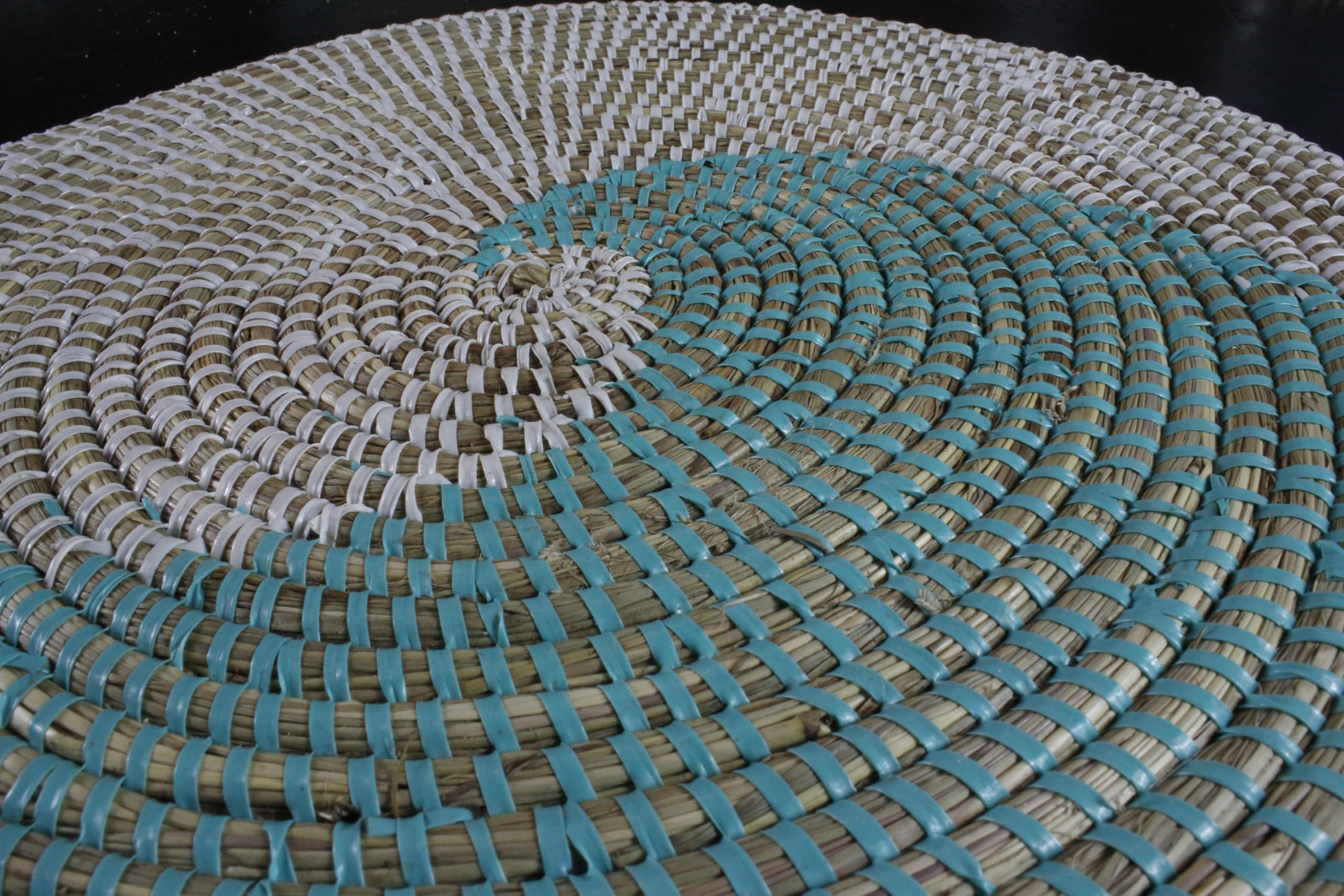Handwoven African Bohemian Seagrass Placemats - Natural Round Wicker Basket Placemats & Decorative Hanging Wall Plates (Light Blue & White) | Perfect for Boho Dining, Kitchen Decor & Wall Art