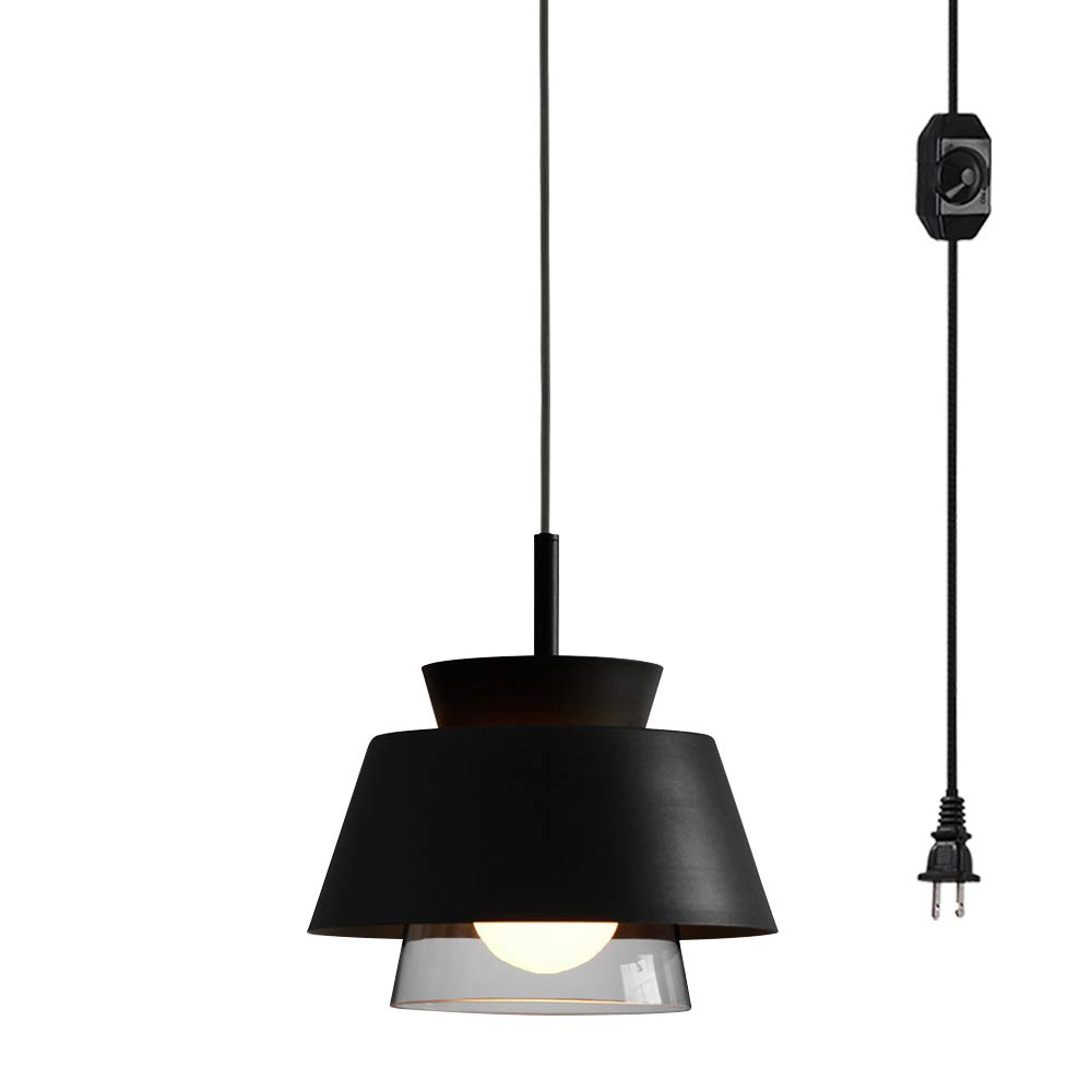 Glass Handle Pendant Light with 15ft Plug-in Cord & UL Dimmer Switch - Macaron Black Lampshade, Nordic Minimalist Loft Style Lighting for Living Room, Bedroom, Dining Room - Bulbs Not Included - Perfect for Modern Home Decor and Cozy Ambiance