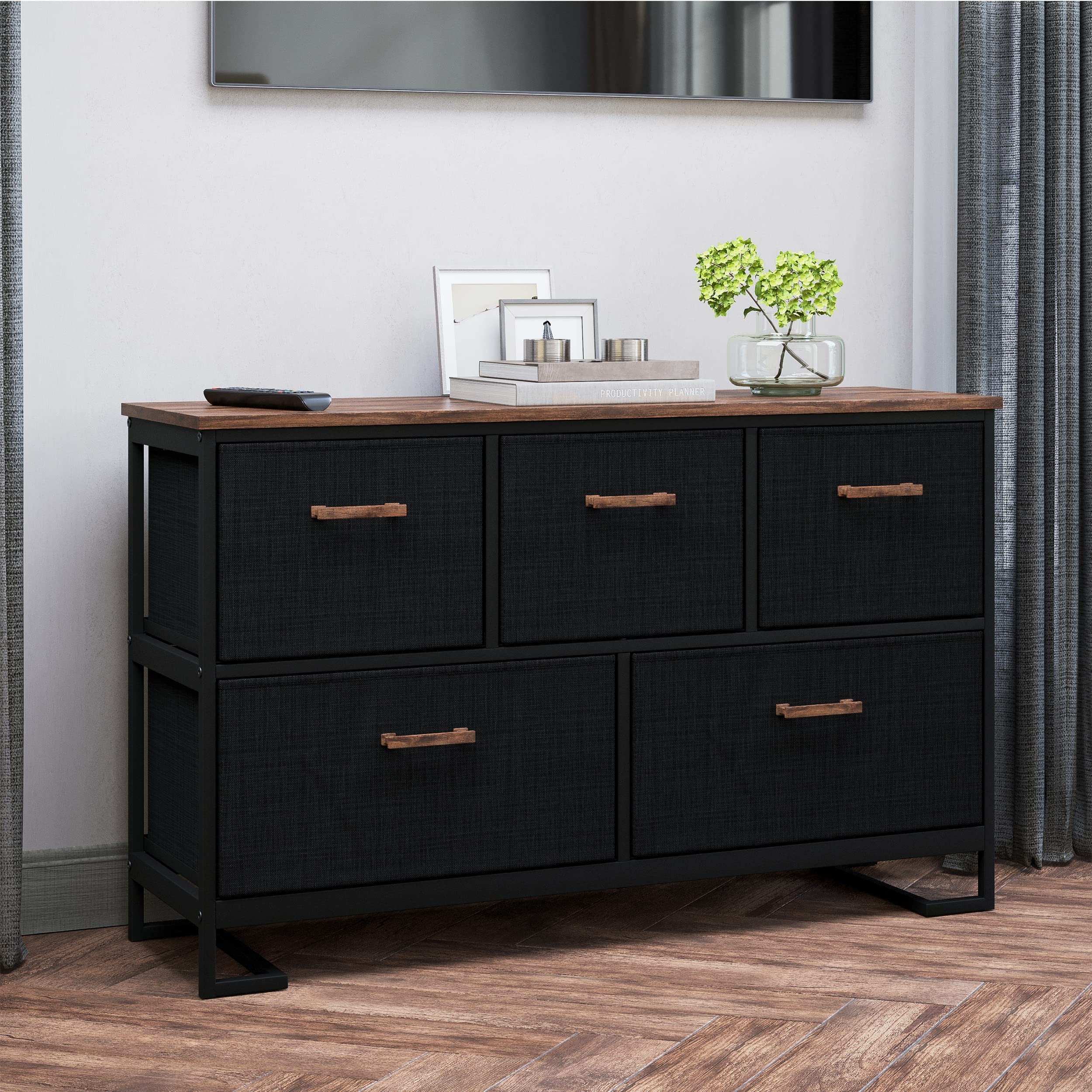 Modern Black Dresser with Fabric Drawers - Bedroom, Living Room & Closet Storage - Perfect as TV Stand