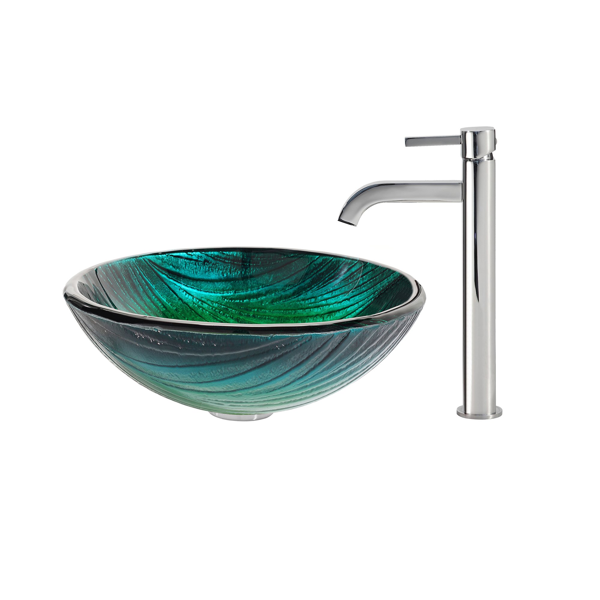 KRAUS Modern Green Glass Vessel Bathroom Sink with Chrome Ramus Faucet - Perfect for Contemporary Home, Hotel, and Spa Bathroom Decor