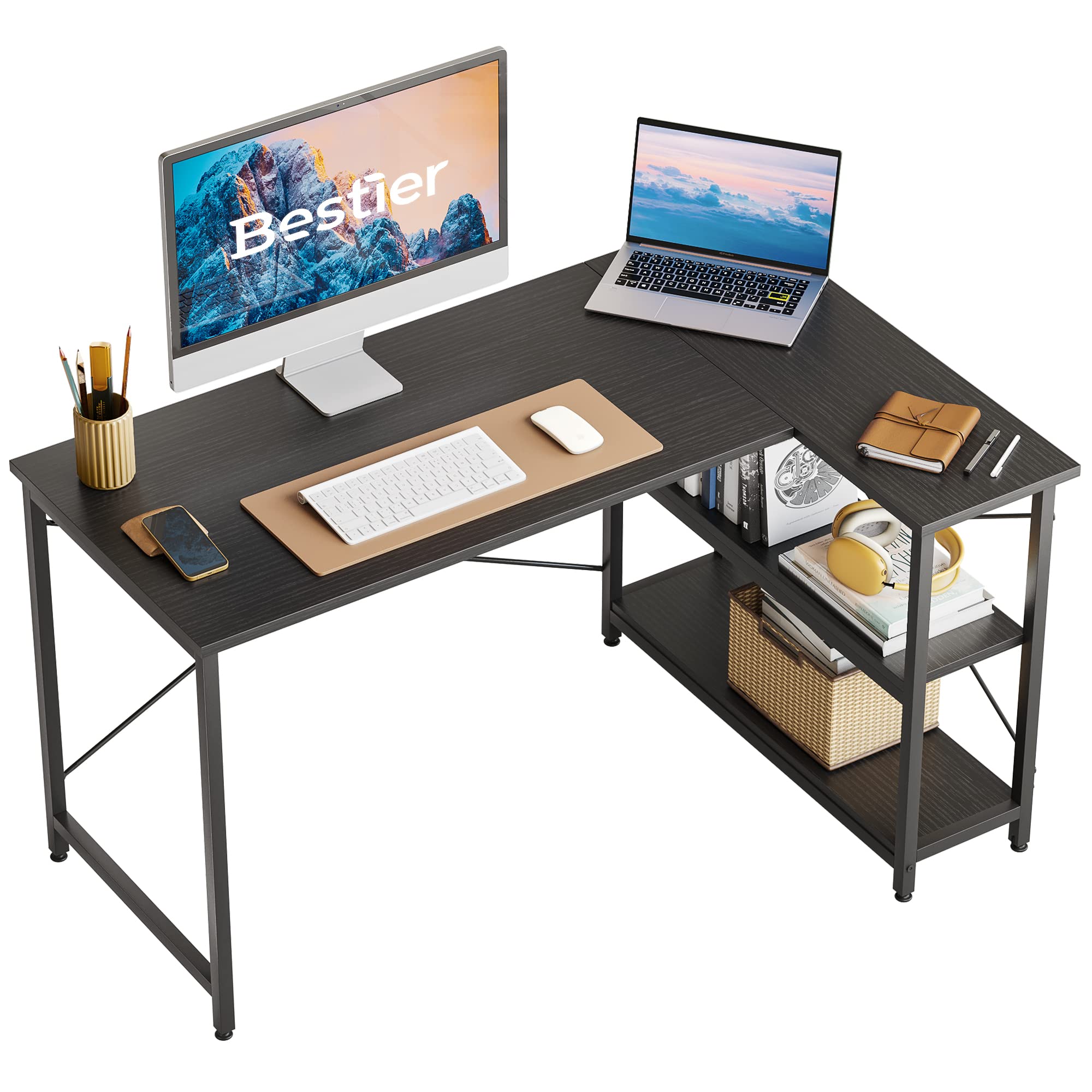 Bestier 47 Inch L-Shaped Desk with Shelves - Reversible Corner Computer Desk for Home Office, Gaming & Writing - Space-Saving Storage Table for Small Spaces (Black) - Perfect for Compact Home Offices & Gaming Setups