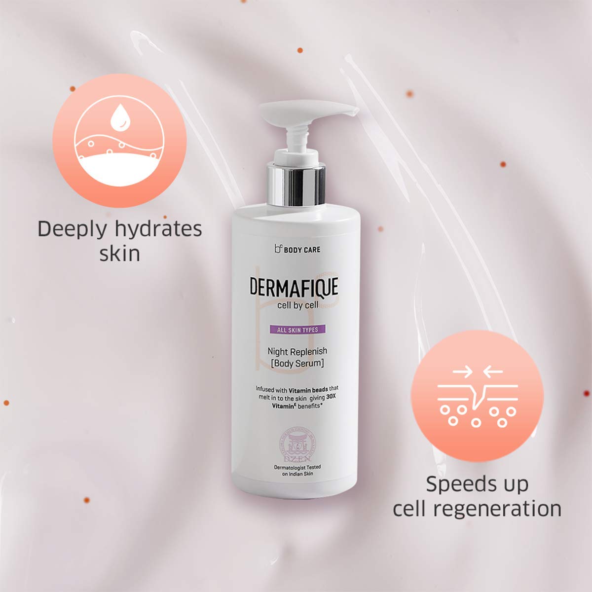 Dermafique Night Replenish Body Serum with Shea Butter – 300ml | Hydrating Body Lotion for All Skin Types | Enriched with Glycerin & 30x Vitamin E | Night Repair & Moisturizing Body Cream | Dermatologist Tested | Perfect for Dry Skin Care & Overnight Skin Regeneration