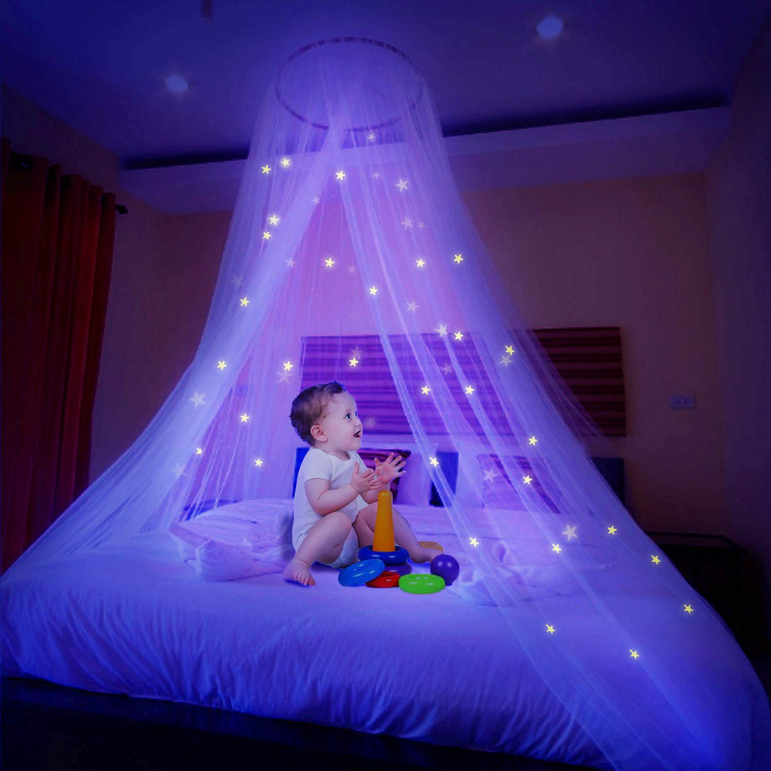 Glow in the Dark Mosquito Net Canopy with Luminous Stars - Dome Bed Tent for Baby, Kids, Girls & Adults - Perfect for Nursery, Bedroom & Outdoor Camping Protection