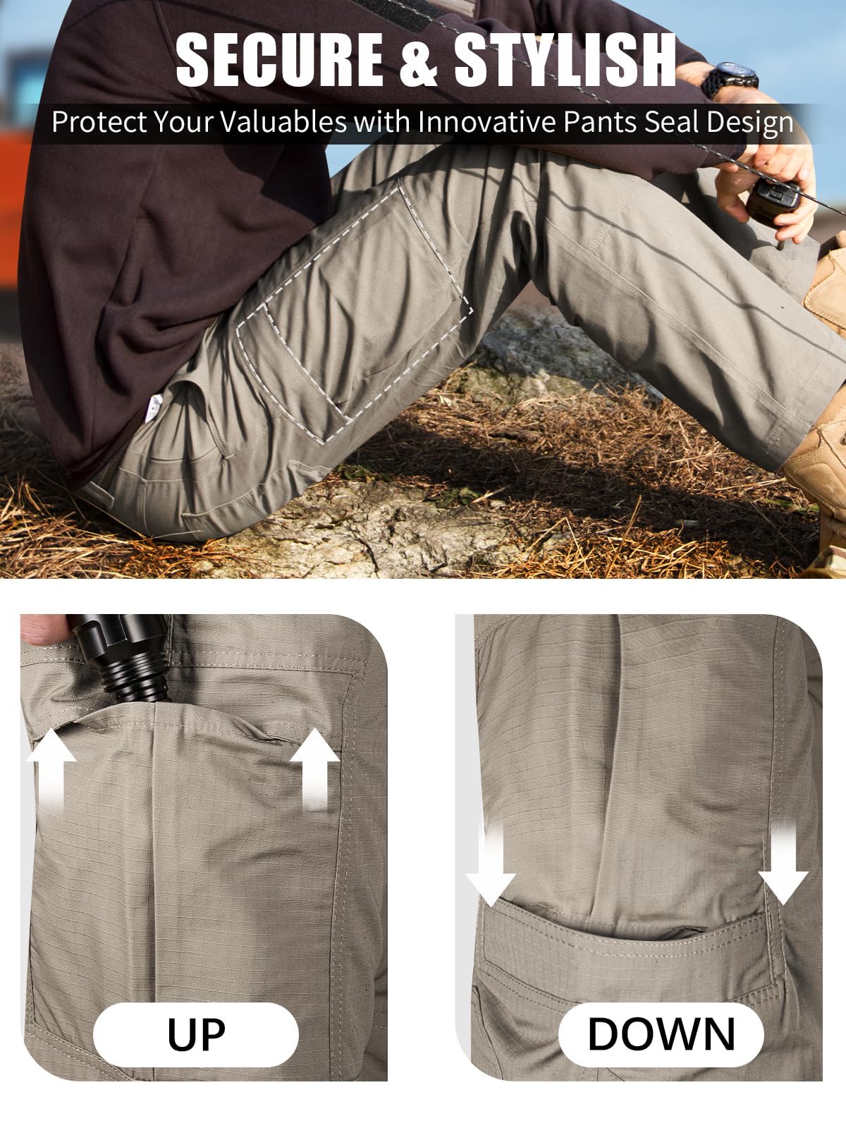 FREE SOLDIER Men's Tactical Cargo Pants - Water Resistant Ripstop Work Pants for Outdoor Hiking, Camping & Military Use - Lightweight Durable Men's Pants for Adventure & Everyday Wear