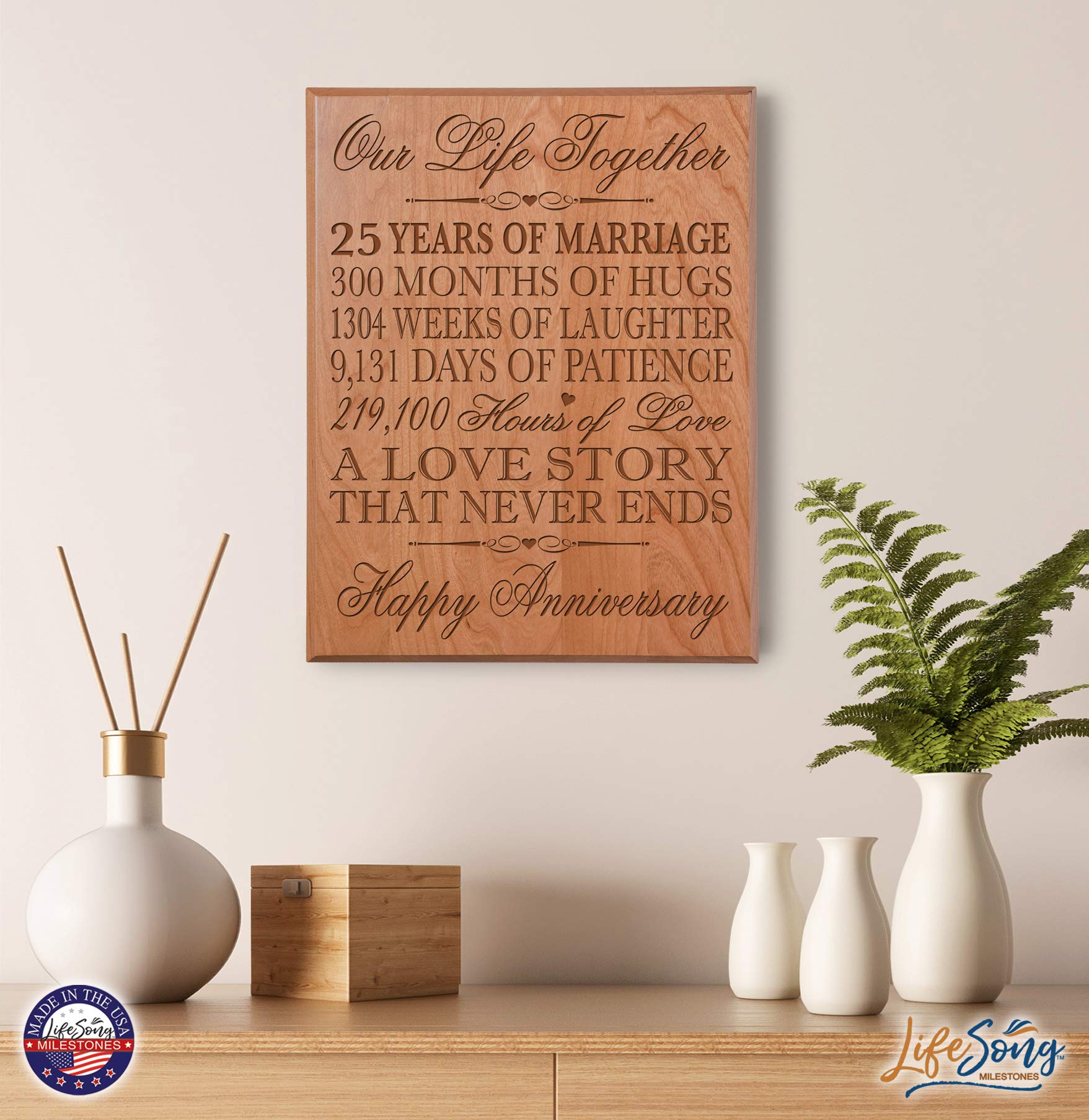 LifeSong Milestones 25th Wedding Anniversary Gift for Couples - Solid Cherry Wood Wall Plaque (12