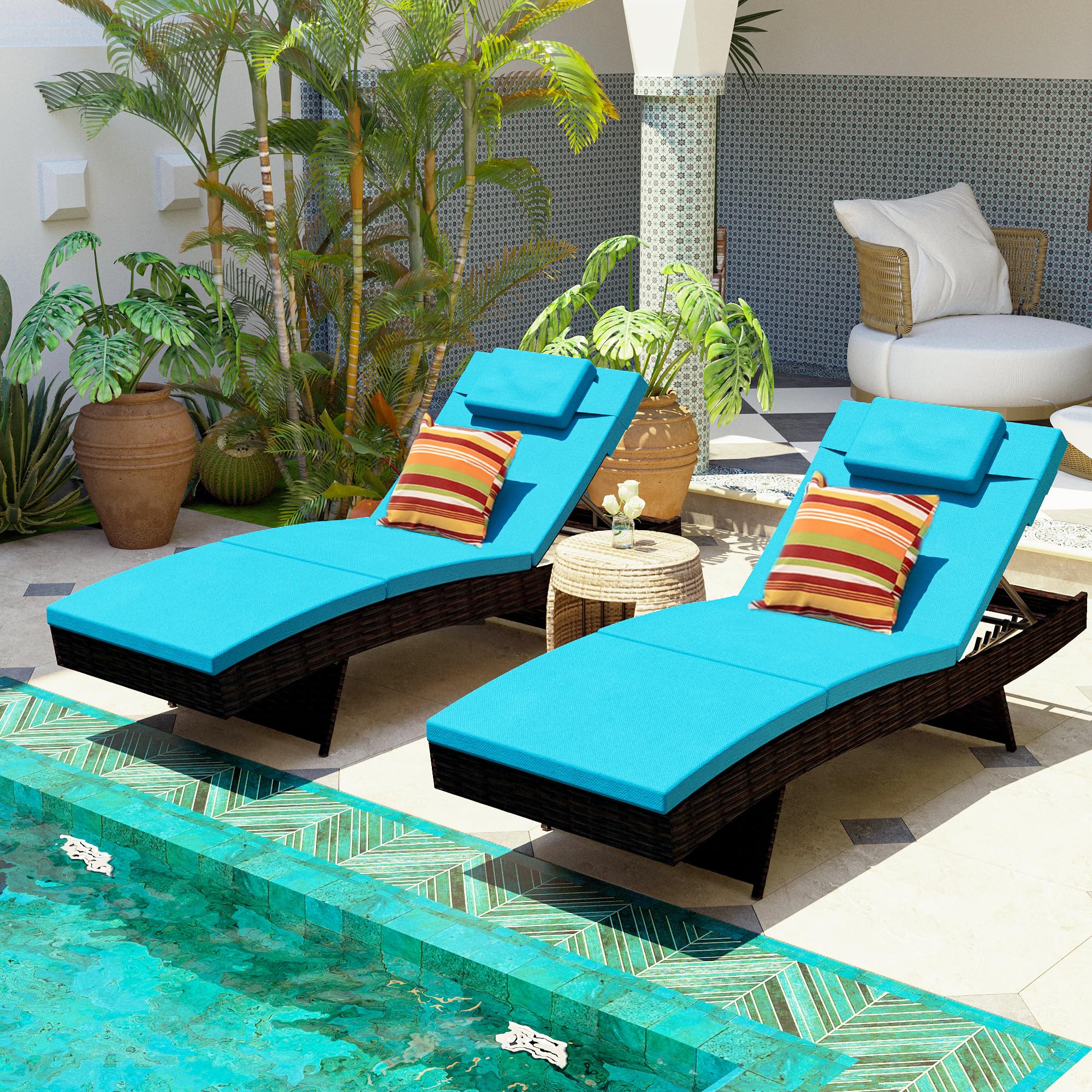 Sundale Outdoor Wicker Chaise Lounge Set of 2 - Adjustable Rattan Patio Lounge Chairs with Cushions & Pillows - Steel Frame, Turquoise - Perfect for Deck, Garden, Poolside & Indoor Use