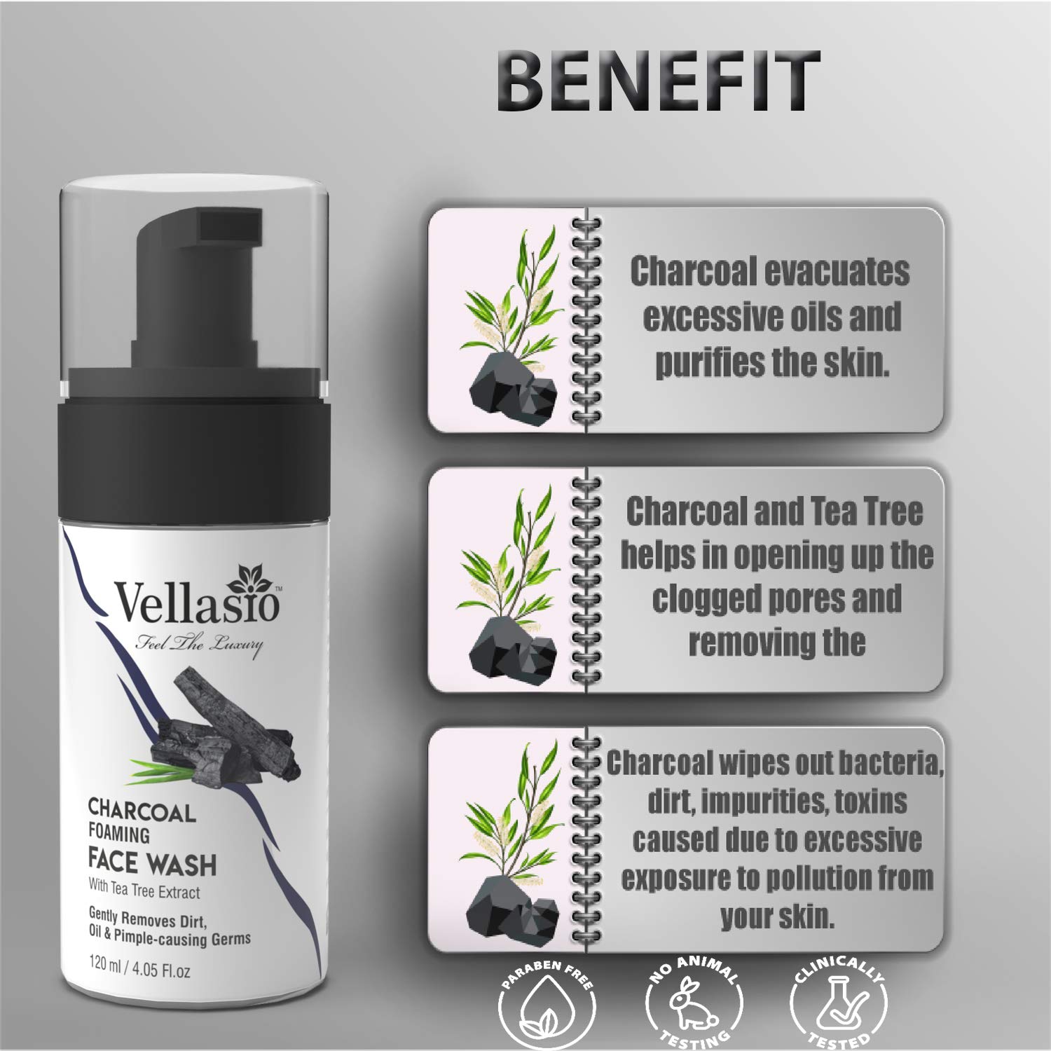 Vellasio Activated Charcoal Foaming Face Wash with Tea Tree Extract - Oil Control & Anti-Pollution Cleanser for Men & Women | Reduces Excess Oil & Dark Spots | Paraben & Sulfate Free | Perfect for Daily Skincare Routine & Acne-Prone Skin