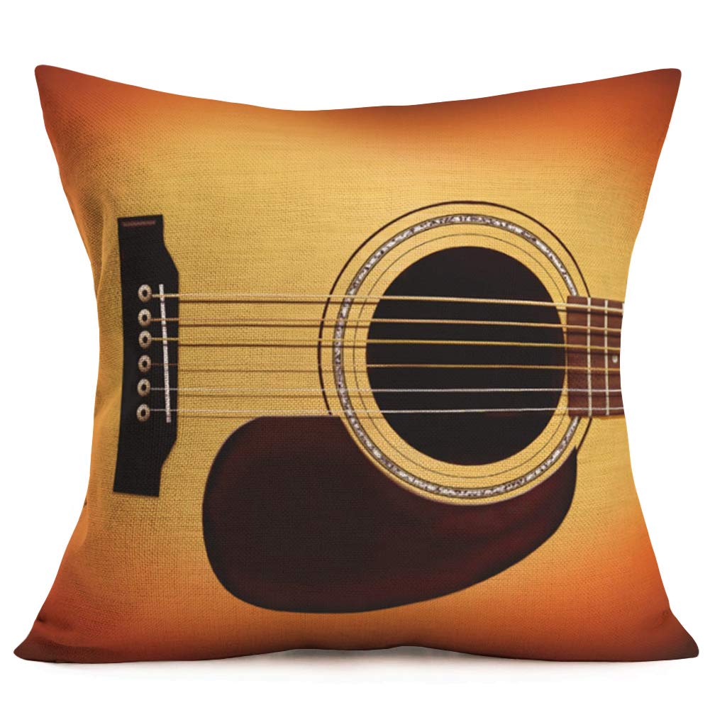 Vintage Guitar Music Bass Instrument Cotton Linen Decorative Square Pillow Cover 18x18 Inch - Retro Music Lover Gift, Home Decor for Living Room Bedroom Studio