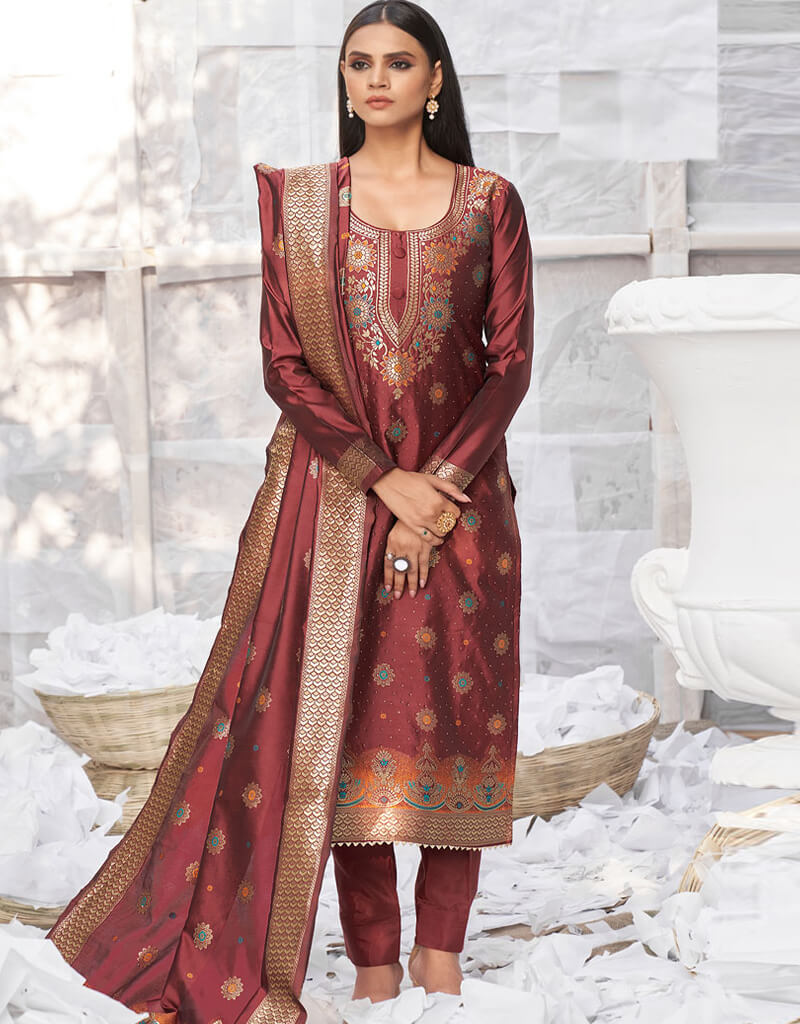 Elegant Banarasi Jacquard Maroon Salwar Kameez Suit with Churidar Bottom - Traditional Indian Ethnic Wear for Women, Perfect for Weddings, Festivals and Special Occasions
