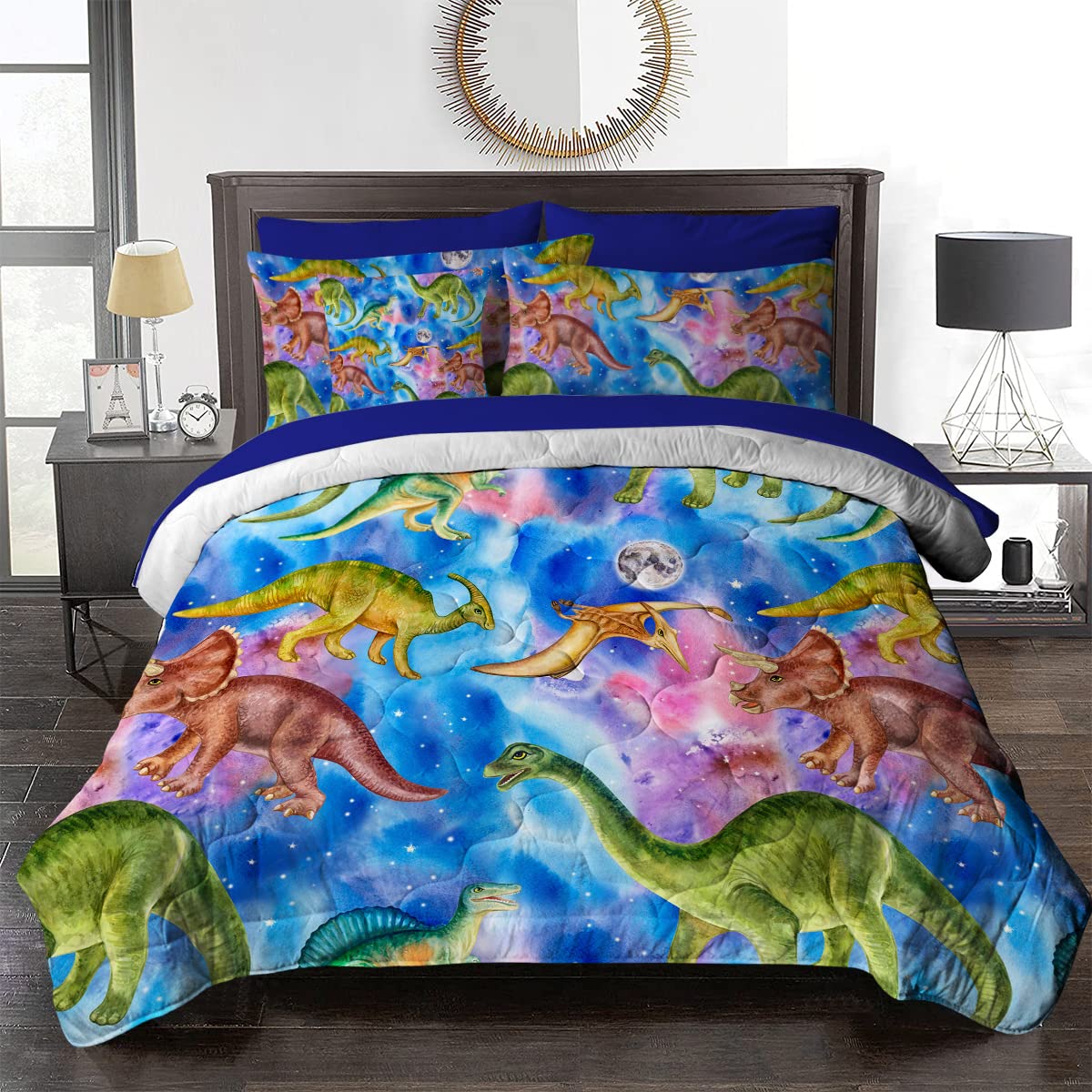 BlessLiving Dinosaur King Bedding Set for Boys - 8 Piece Blue Space Themed Comforter Set with Sheets (King Size) | Perfect for Kids' Bedrooms, Sleepovers & Themed Decor