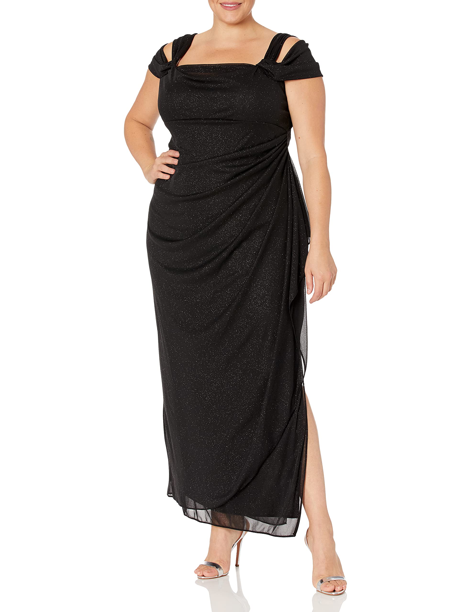 Alex Evenings Women's Plus Size Long Cold Shoulder Dress with Ruched Skirt - Elegant Formal Evening Gown for Weddings, Parties & Special Occasions