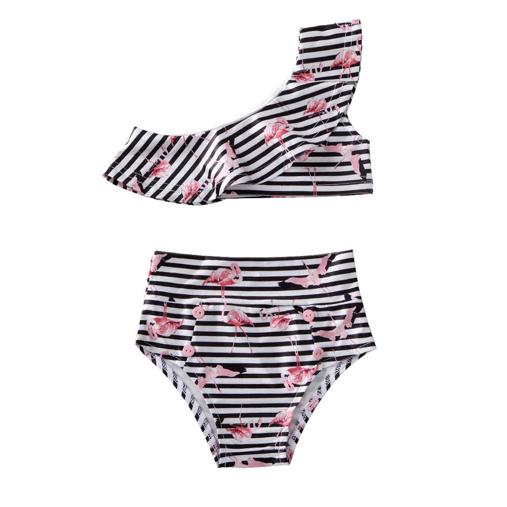**Flamingo Print Baby Girls Bikini Swimsuits - One Shoulder Top & Triangle Bottom Striped Bathing Suit for Toddlers - Perfect for Beach, Pool & Summer Vacations**