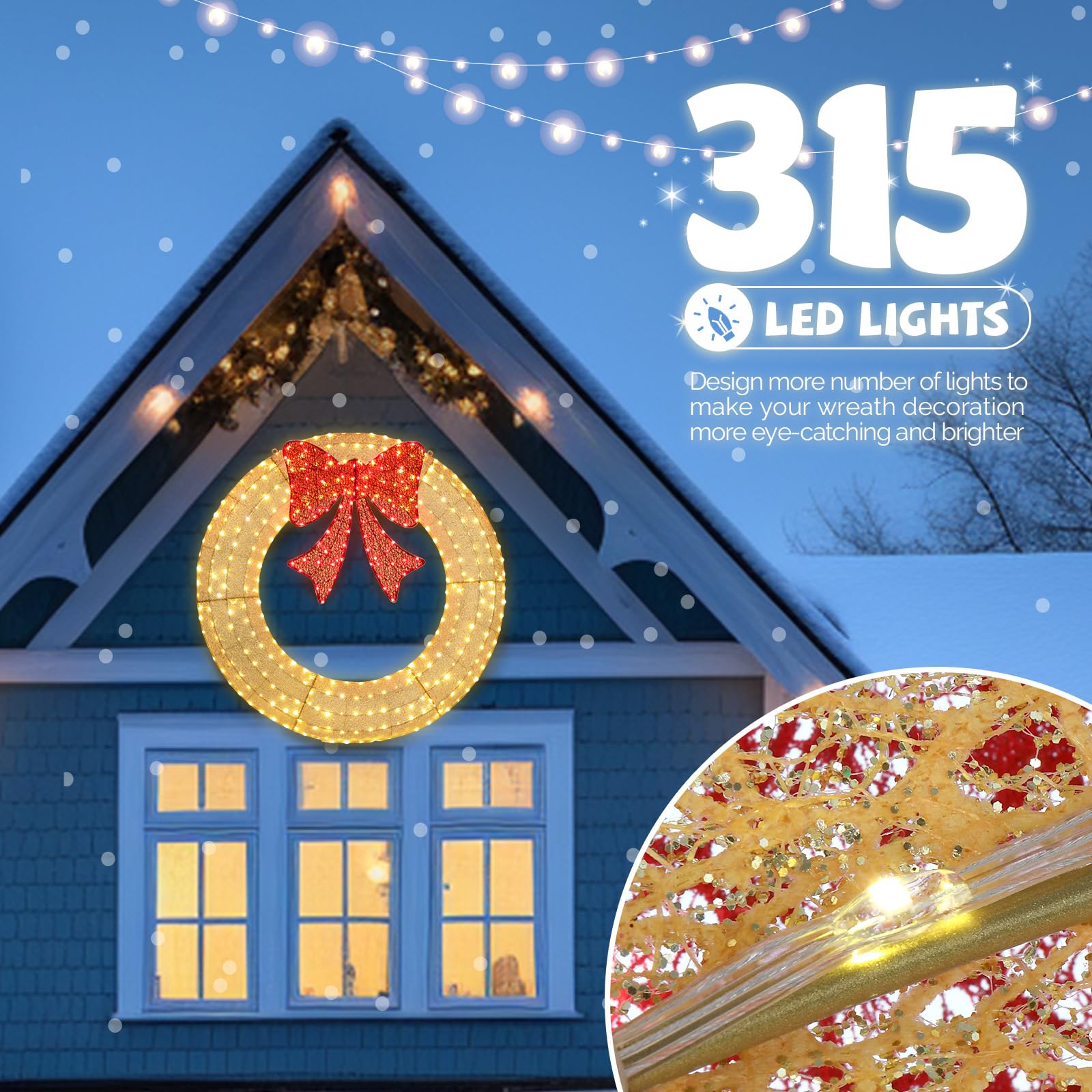 VINGLI 48 Inch Pre-lit Large Christmas Wreath with 315 LED Lights - Outdoor Holiday Decor with Red Bow, Timer & Remote Control for Garage, Windows, Front Door - Perfect for Christmas Party, Home Decor & Festive Season Celebrations