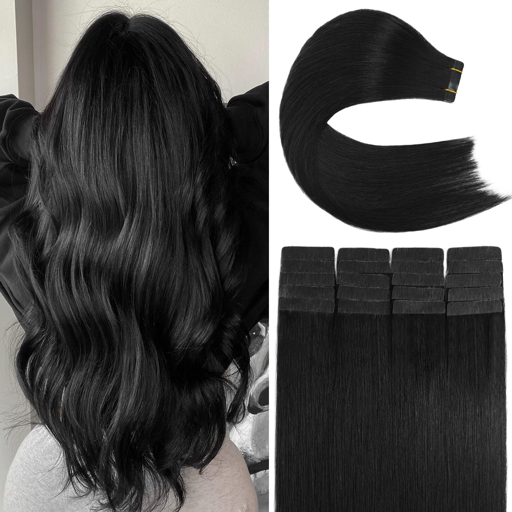 100% Real Remy Human Hair Tape in Extensions - Jet Black 22 Inch 20pcs 60g Straight Natural Tape Ins for Women | Perfect for Daily Wear, Special Occasions & Styling