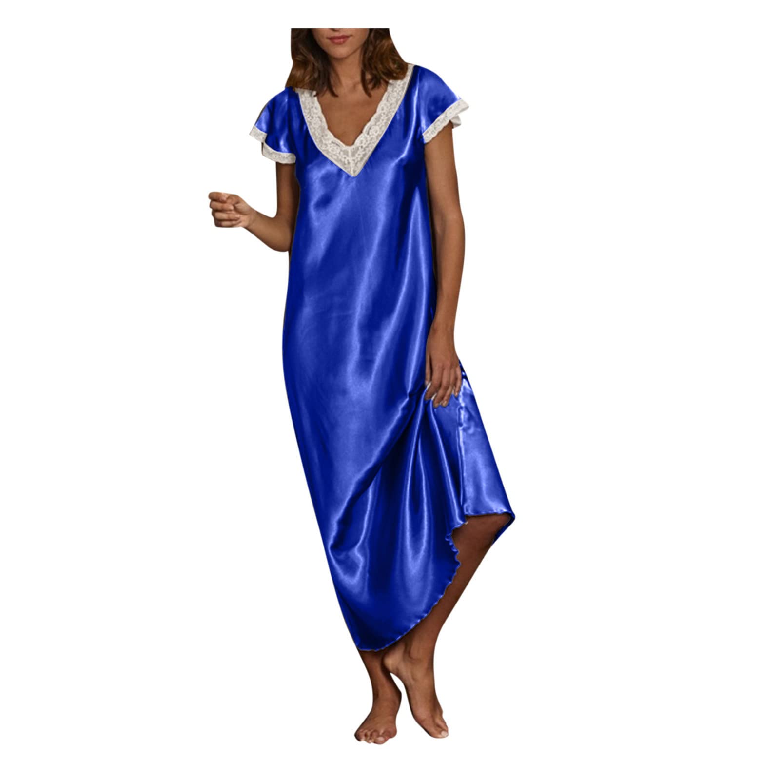Women's Cotton Short Sleeve V-Neck Nightgown - Soft Sleepwear Pajama Dress with Lace Trim for Home & Lounge | Perfect for Bedtime, Relaxing & Vacation