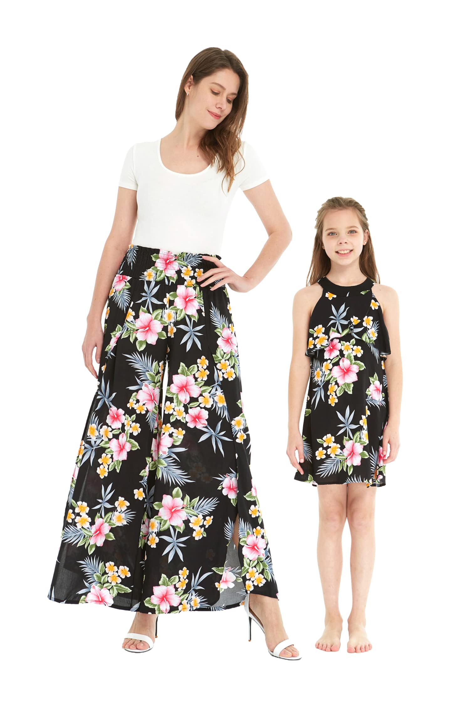 Hawaiian Luau Outfits for Women & Girls - Matching Mother Daughter Wide Leg Pants & Ruffled Round Neck Dress in Pink Hibiscus Vine Print - Perfect for Beach Vacations, Summer Parties & Tropical Themed Events