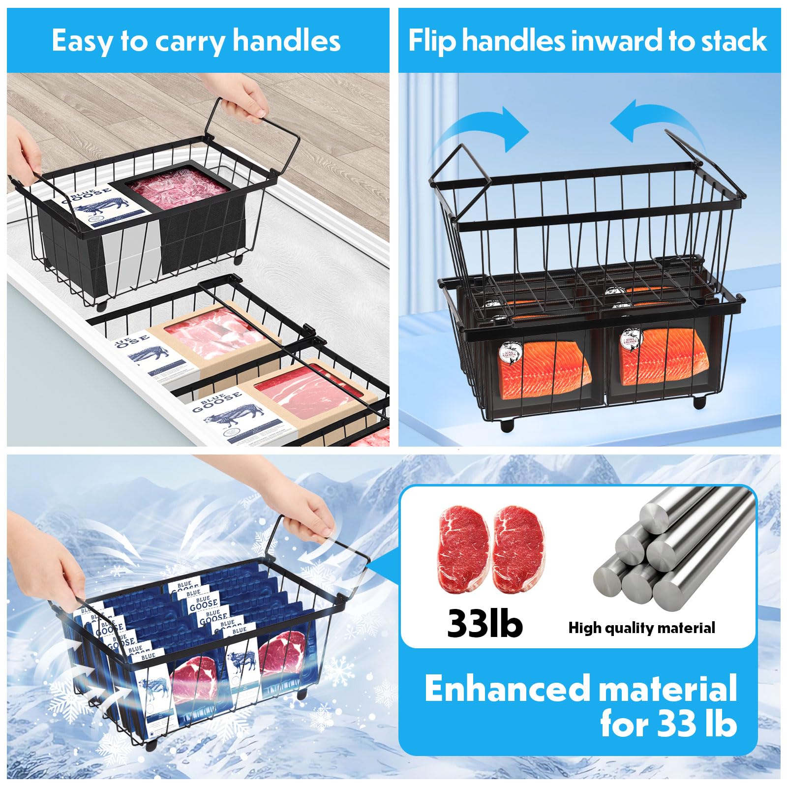 4 Pack Stackable Freezer Organizer Bins - Metal Wire Storage Baskets with Handles for 5 & 7 Cu.FT Chest Freezers - Pantry & Deep Freezer Organization - Perfect for Frozen Food Storage & Kitchen Organization