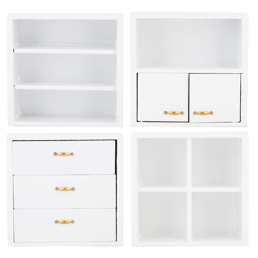 1:12 Scale Dollhouse Cabinet Furniture Set - 4pcs White Wooden Miniature Cabinet Unit for DIY Dollhouse Accessories, Perfect for Displaying Greenery, Enamelware, Books & Musical Instruments | Ideal for Dollhouse Decor, Miniature Collectors & Model Home Displays