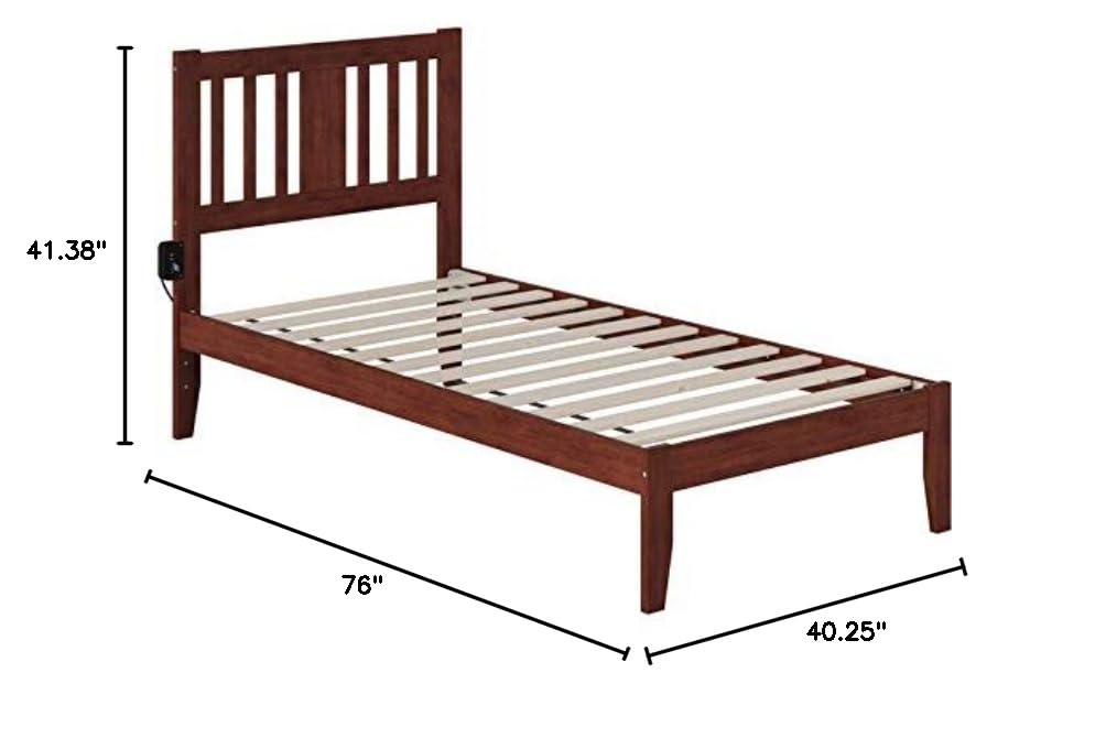 BOWERY HILL Twin Spindle Bed Frame with USB Turbo Charger - Solid Walnut Wood Bed for Small Space - Perfect for Kids Room, Guest Bedroom & Dormitory