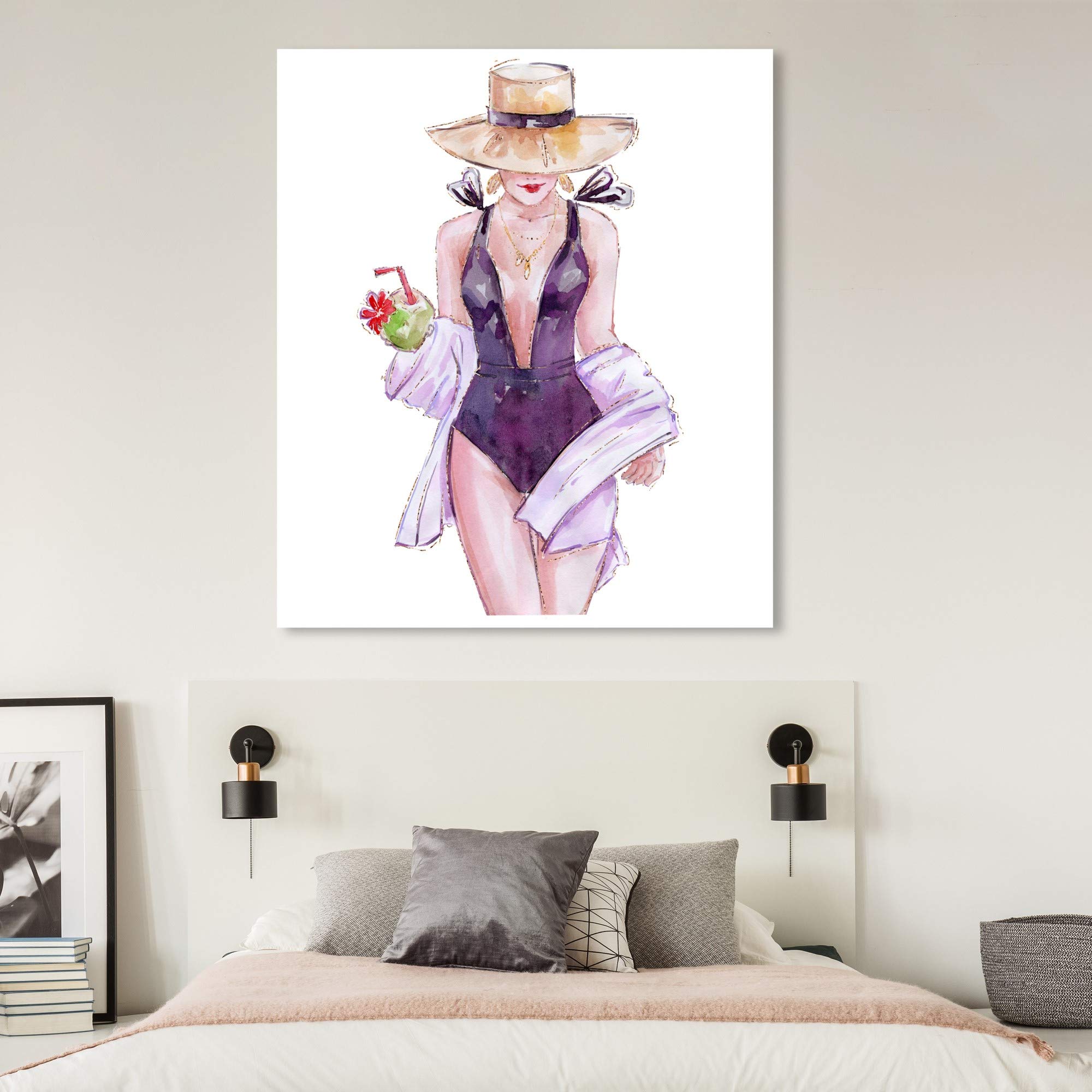 Oliver Gal Artist Co. Summer and Cocktail Swimsuit Wall Art Canvas Print - Fashion & Glam Home Decor, 30x36 Inches, Purple & White - Perfect for Beach House, Bathroom, or Bedroom Decor