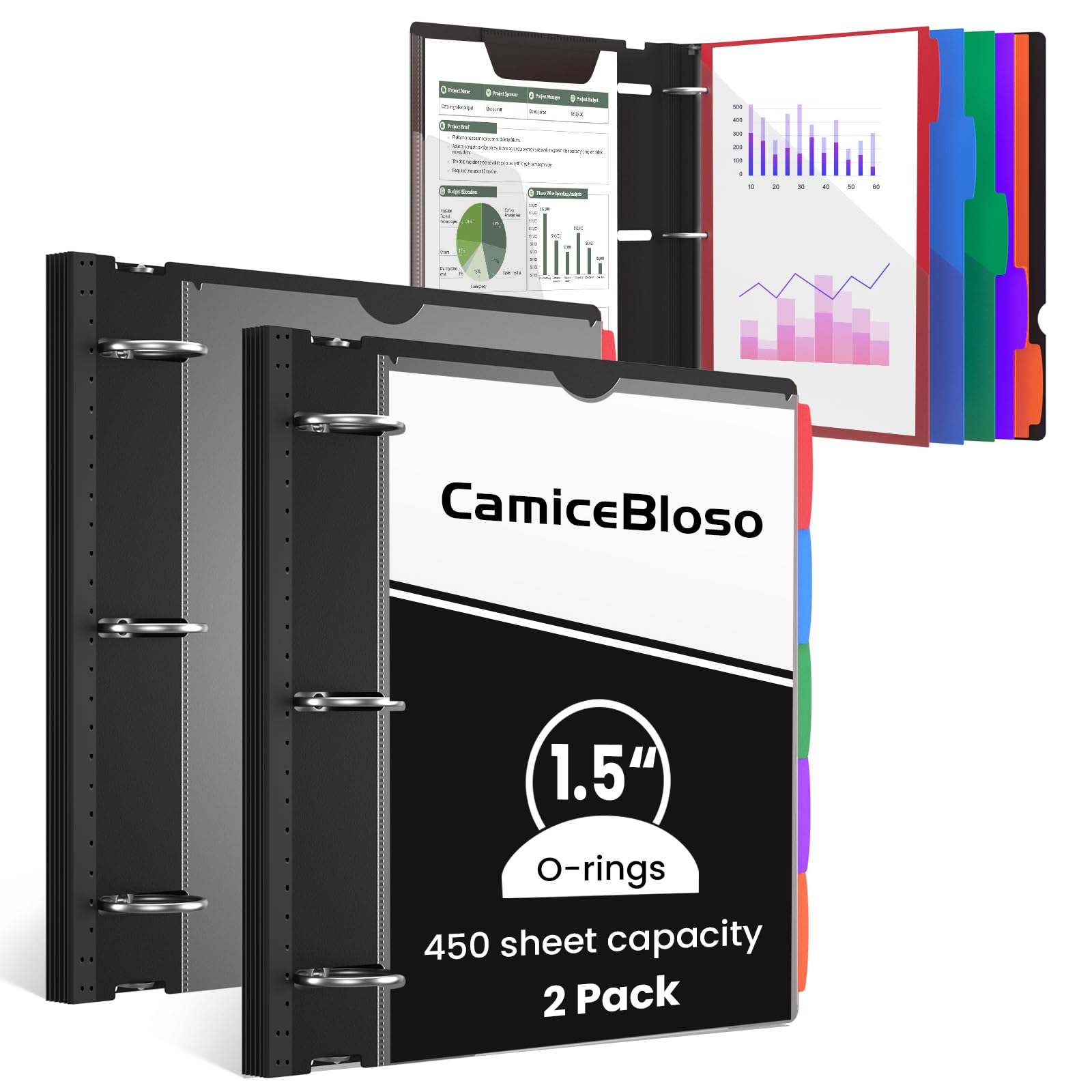 1.5 Inch 3-Ring Binder 2-Pack - Flexible Black Project Organizer with 5 Color Dividers & Tabs (450 Sheet Capacity) - Perfect for School, Office & Home Organization Supplies